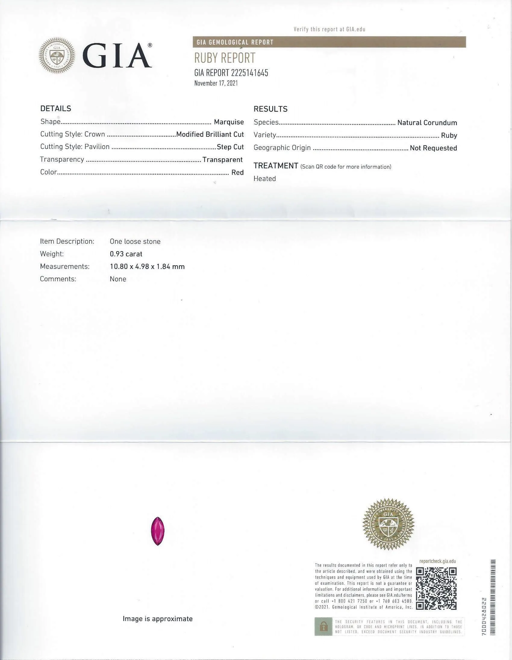 0.93ct 10.8mm GIA CERTIFIED RUBY LOOSE MARQUISE SHAPE CUT NATURAL 1ct PENDANT