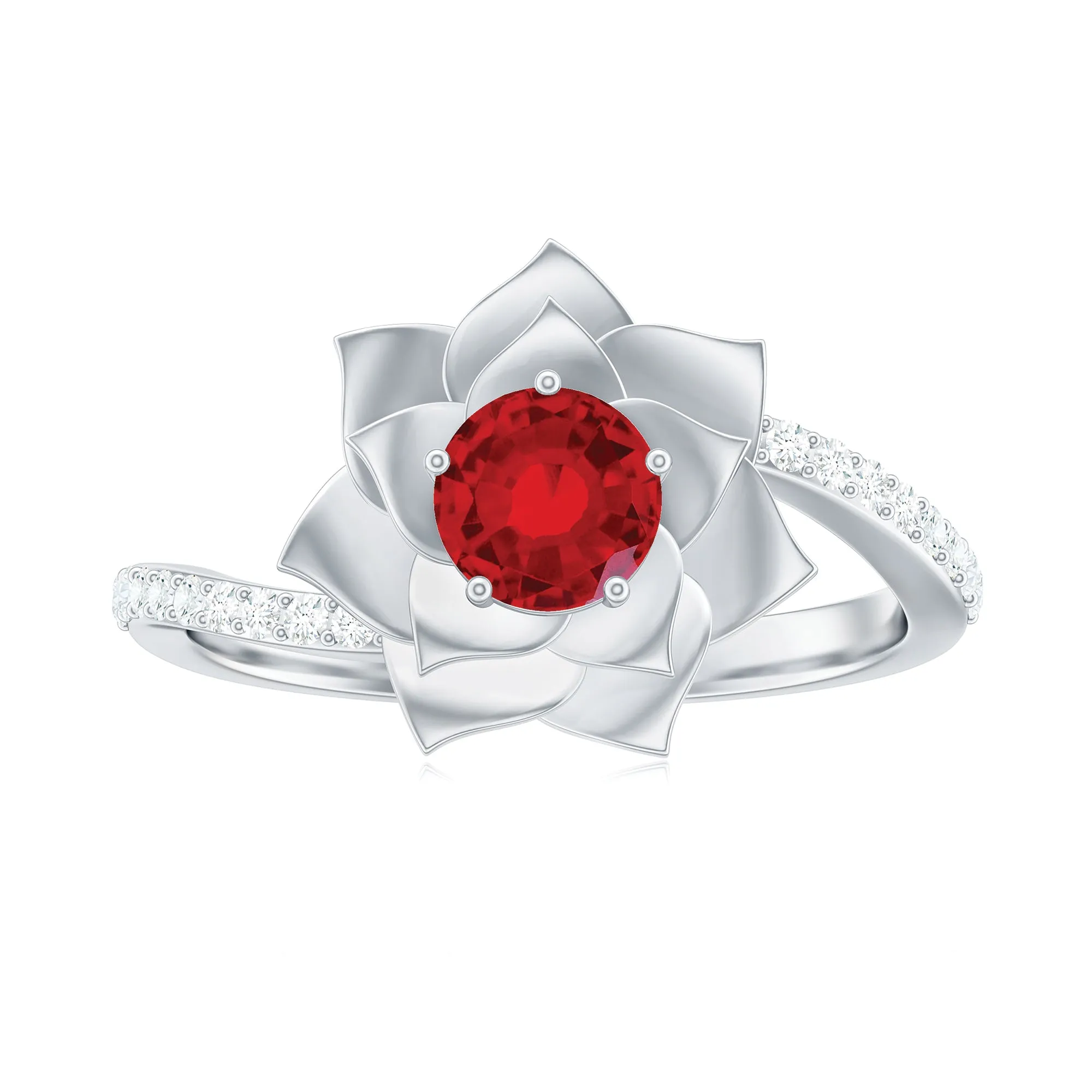 1 CT Created Ruby Flower Engagement Ring with Diamond
