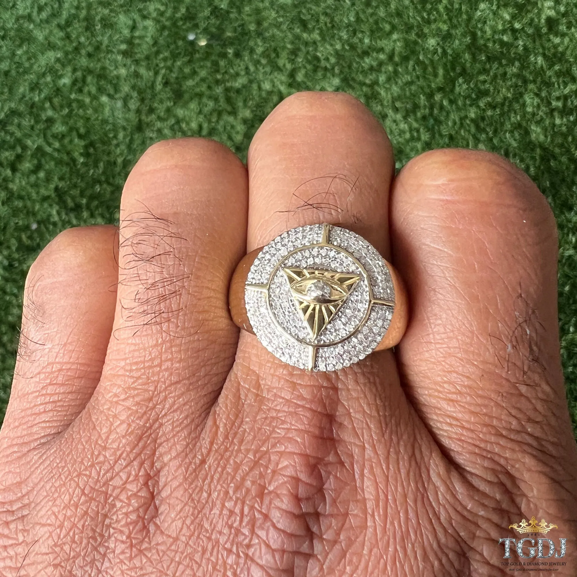 10K Yellow Gold 0.38ct Diamond Ring for Men, All Seeing Eye of Providence Ring, Mens HipHop Ring, Signet Ring, Wedding Band Gold Finger Ring