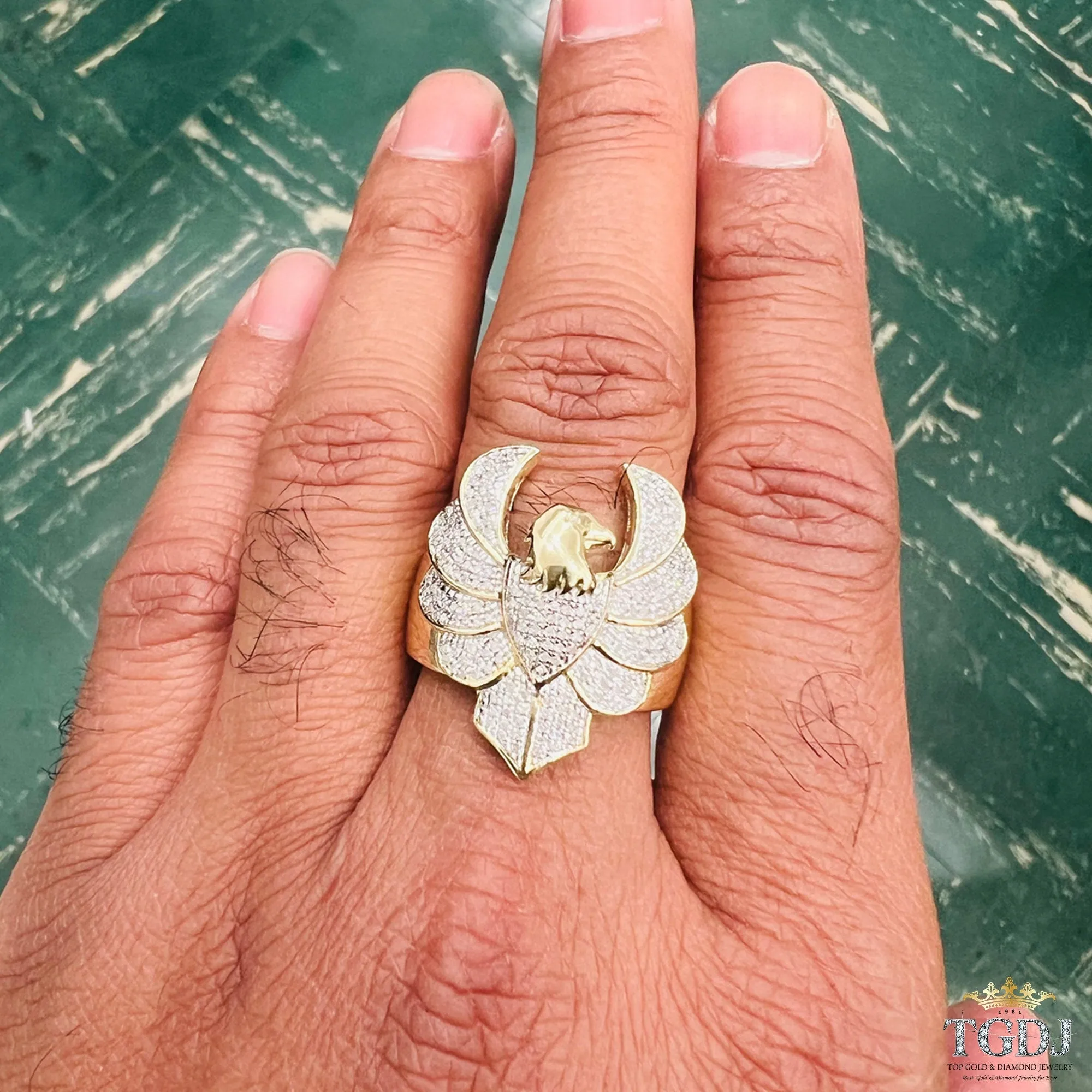 10K Yellow Gold 0.41Ct Diamond Flying Eagle Finger Ring for Men 9.28 Gram- One Of kind