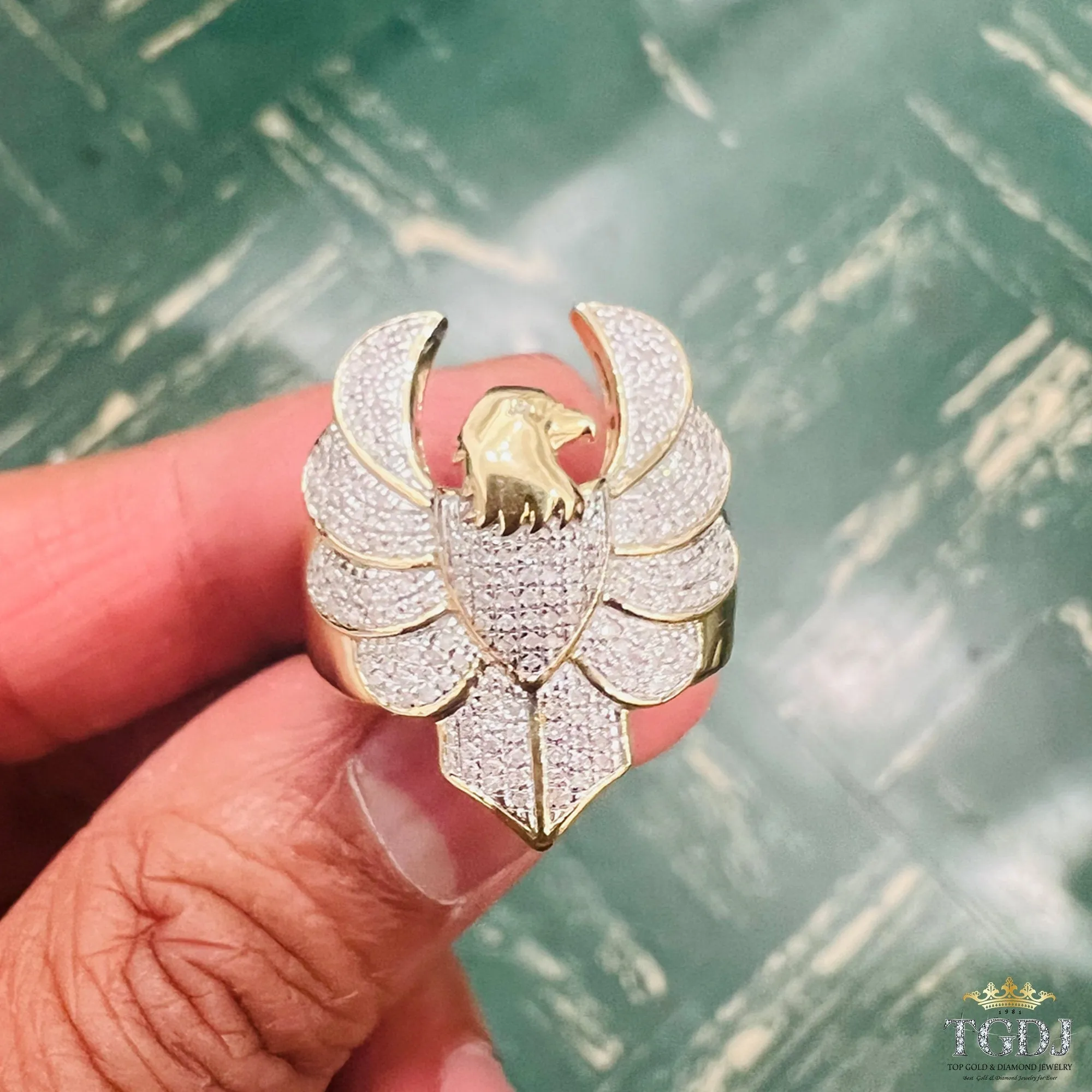 10K Yellow Gold 0.41Ct Diamond Flying Eagle Finger Ring for Men 9.28 Gram- One Of kind