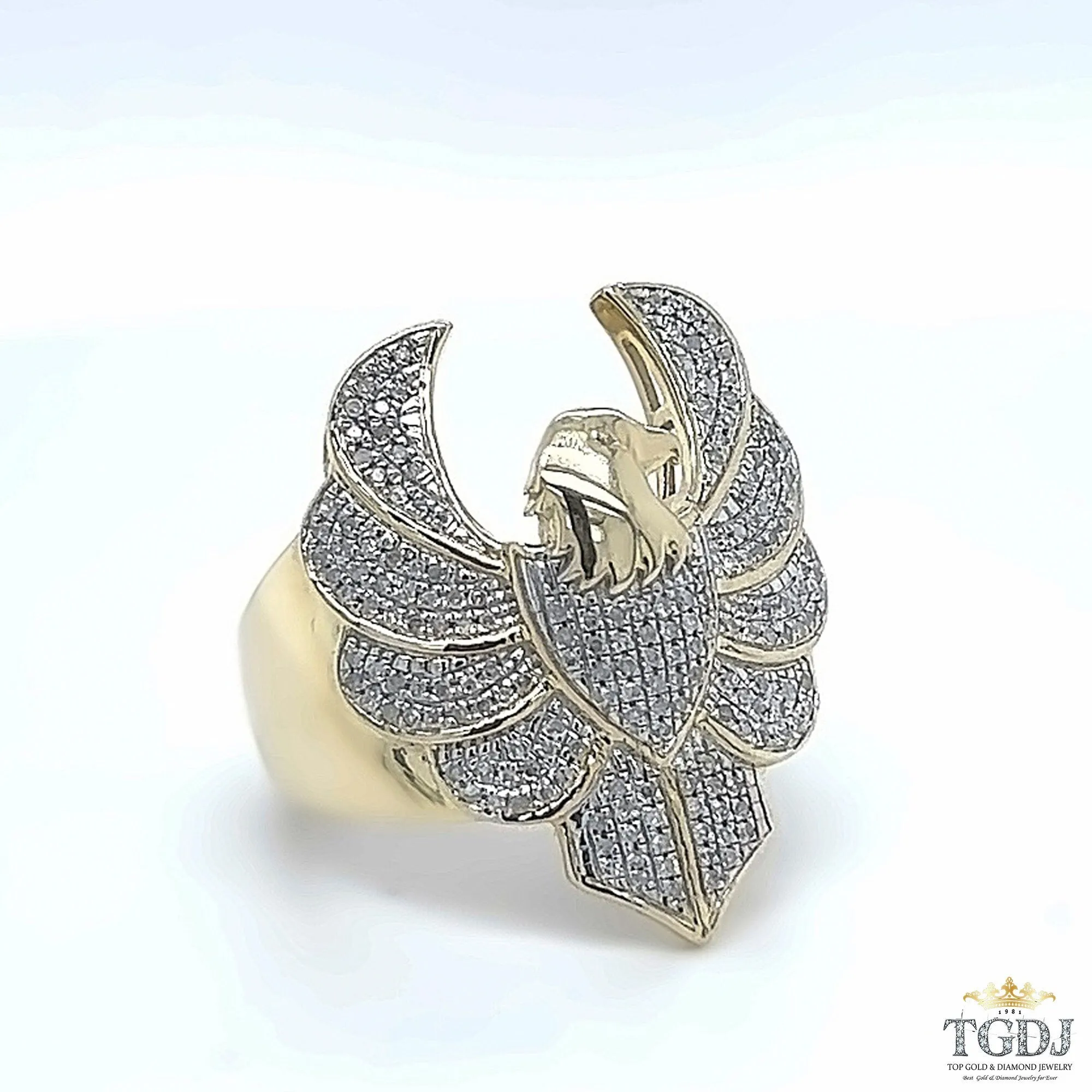 10K Yellow Gold 0.41Ct Diamond Flying Eagle Finger Ring for Men 9.28 Gram- One Of kind