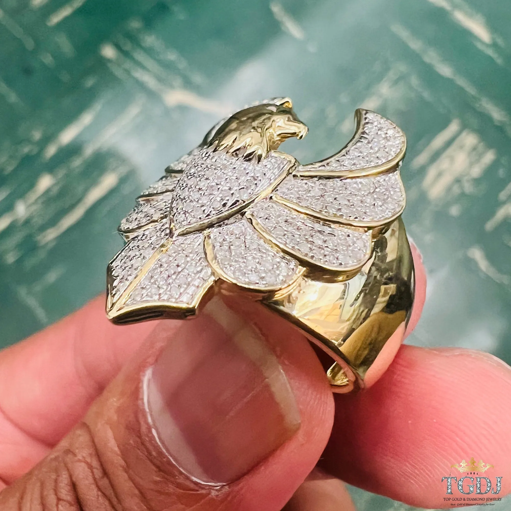 10K Yellow Gold 0.41Ct Diamond Flying Eagle Finger Ring for Men 9.28 Gram- One Of kind