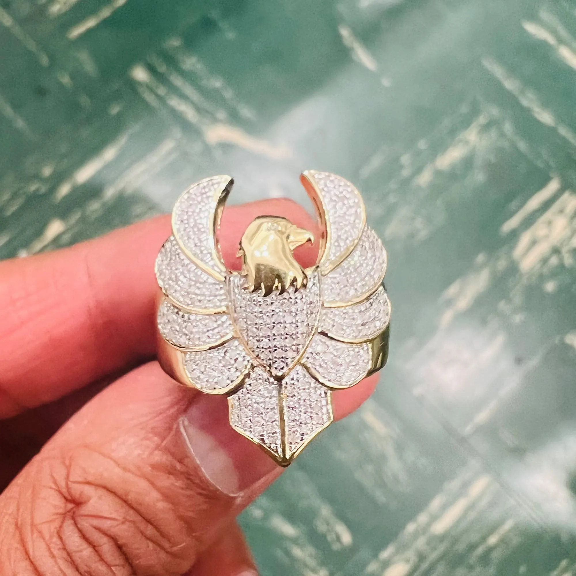 10K Yellow Gold 0.41Ct Diamond Flying Eagle Finger Ring for Men 9.28 Gram- One Of kind