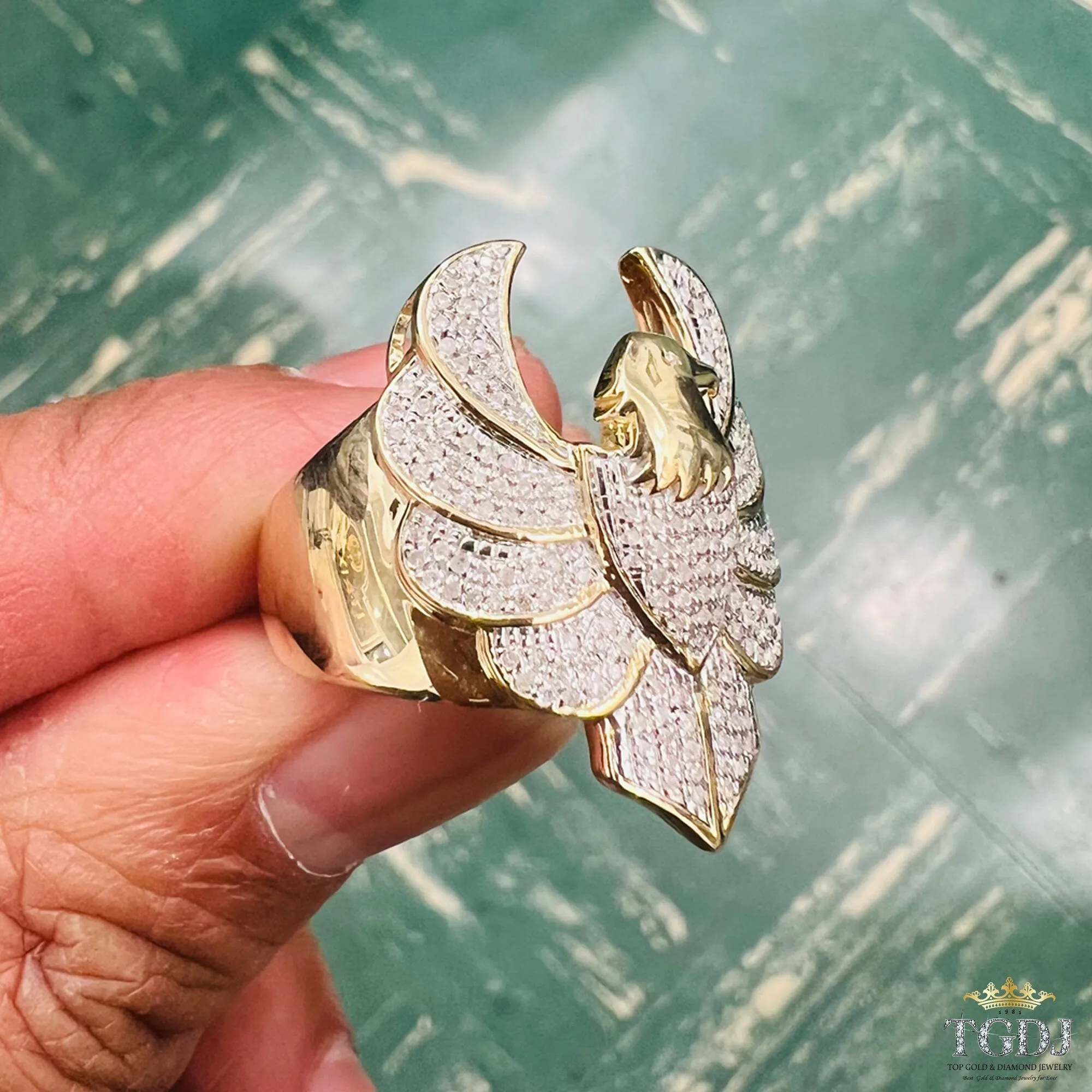 10K Yellow Gold 0.41Ct Diamond Flying Eagle Finger Ring for Men 9.28 Gram- One Of kind