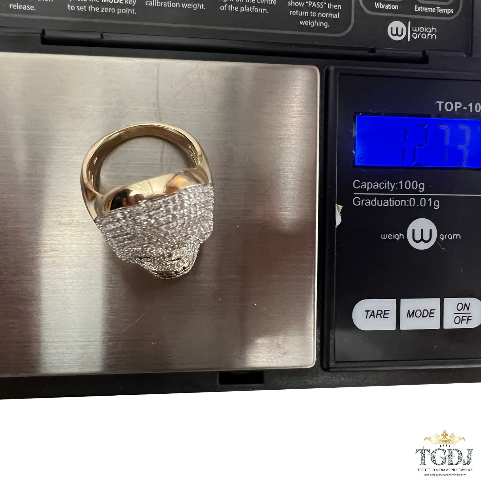 10K Yellow Gold 1.71 Ct Diamond Skull Mens Ring -12Gram. DImaond Skull Rings, Mens Skull Rings
