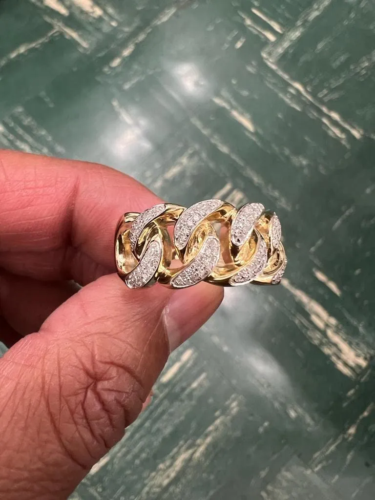 10K Yellow Gold Miami Cuban Link Genuine Diamond Ring Band 0.35Ct 7.13 Grams  Size 10, Men's Diamond Cuban Link Ring, Gift for Him
