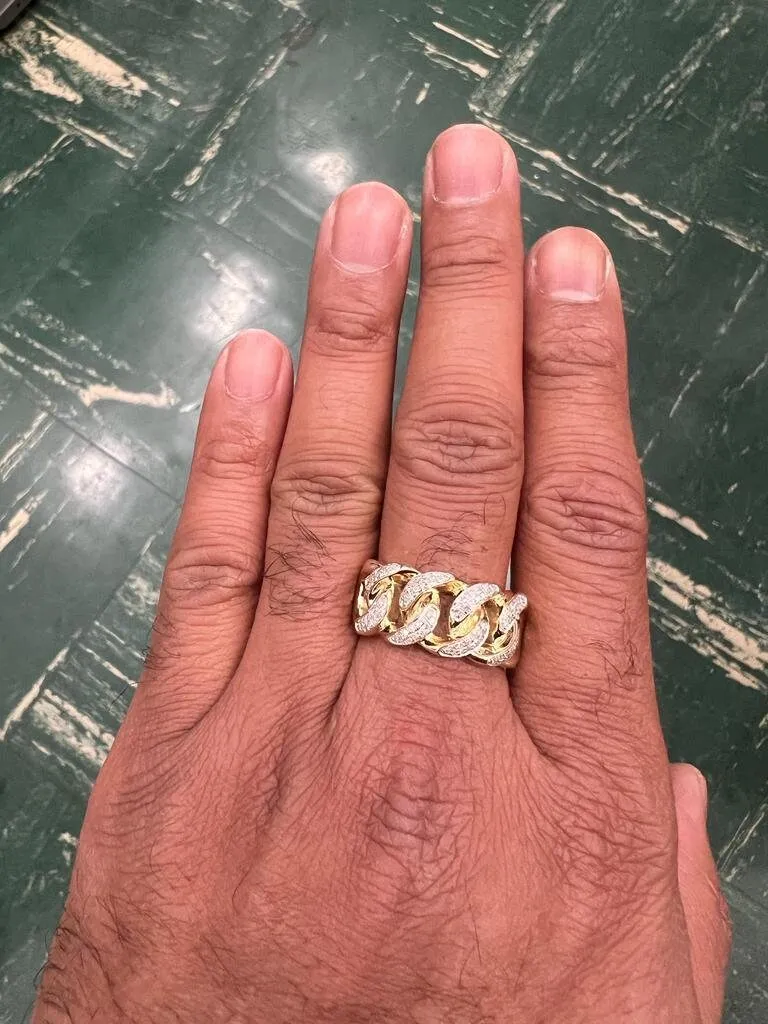 10K Yellow Gold Miami Cuban Link Genuine Diamond Ring Band 0.35Ct 7.13 Grams  Size 10, Men's Diamond Cuban Link Ring, Gift for Him