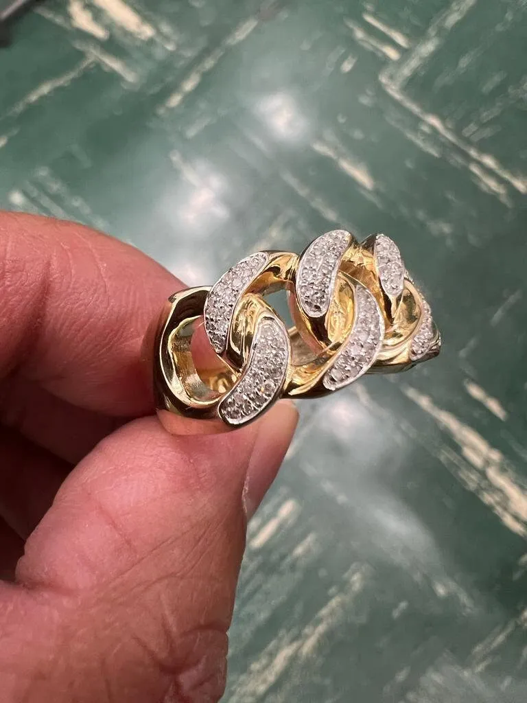 10K Yellow Gold Miami Cuban Link Genuine Diamond Ring Band 0.35Ct 7.13 Grams  Size 10, Men's Diamond Cuban Link Ring, Gift for Him