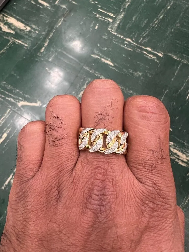 10K Yellow Gold Miami Cuban Link Genuine Diamond Ring Band 0.35Ct 7.13 Grams  Size 10, Men's Diamond Cuban Link Ring, Gift for Him