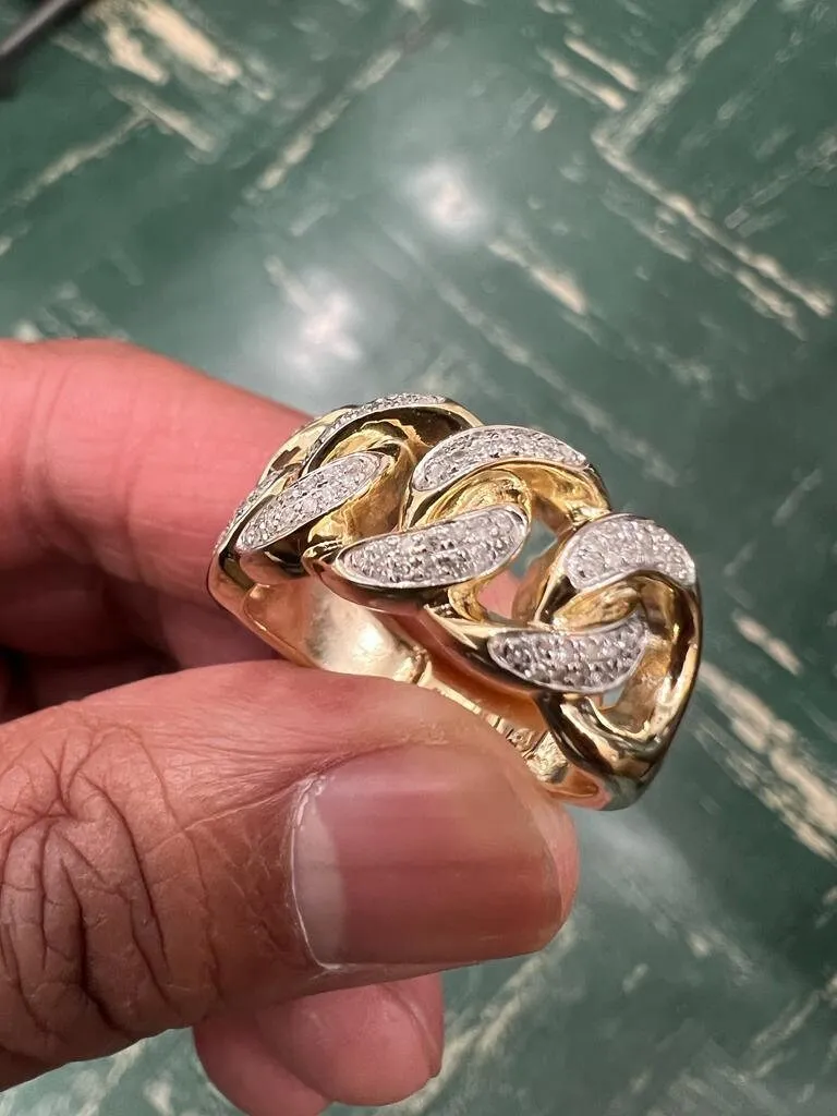 10K Yellow Gold Miami Cuban Link Genuine Diamond Ring Band 0.35Ct 7.13 Grams  Size 10, Men's Diamond Cuban Link Ring, Gift for Him