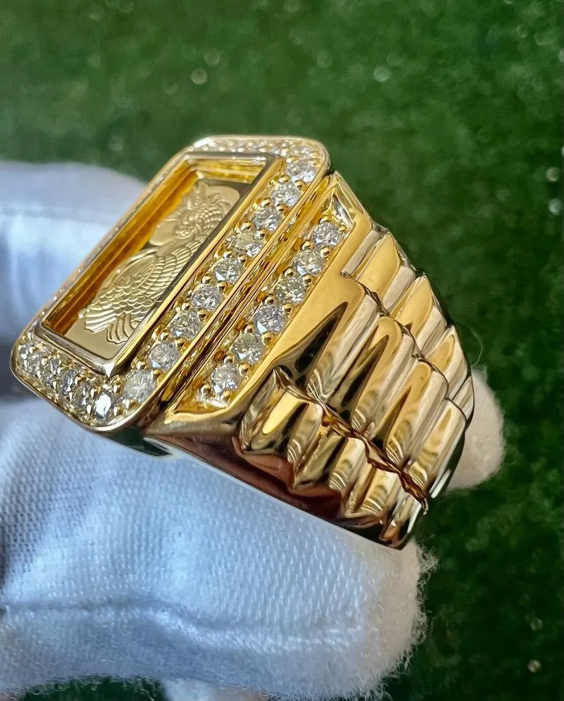 10K Yellow Gold Pamp Suisse Coin Diamond Men's Ring 0.77 ct Lady Fortuna 12.8 grams -Size 10, Mens Finger Ring, Gift for Him