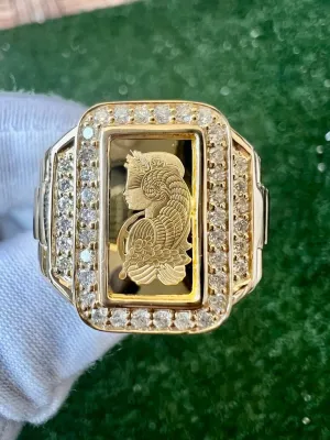 10K Yellow Gold Pamp Suisse Coin Diamond Men's Ring 0.77 ct Lady Fortuna 12.8 grams -Size 10, Mens Finger Ring, Gift for Him