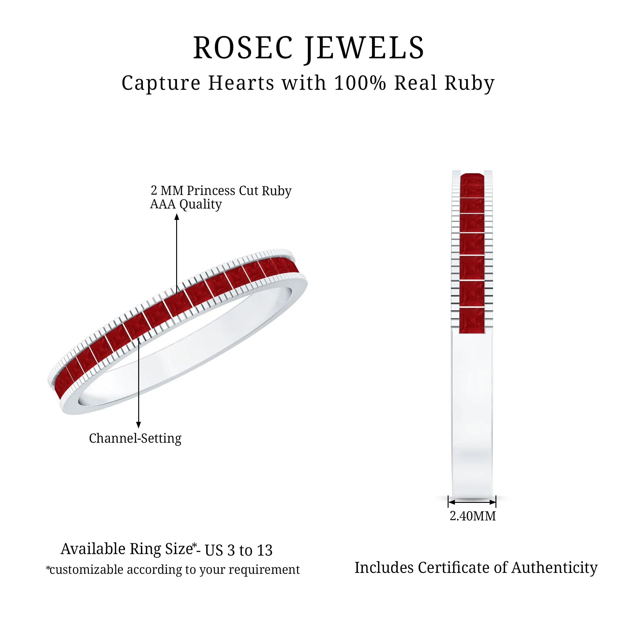 1/2 CT Milgrain Princess Cut Ruby Half Eternity Ring
