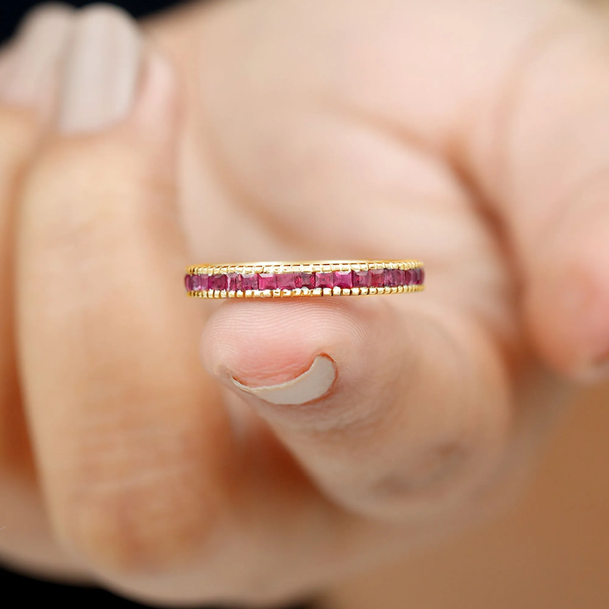 1/2 CT Milgrain Princess Cut Ruby Half Eternity Ring