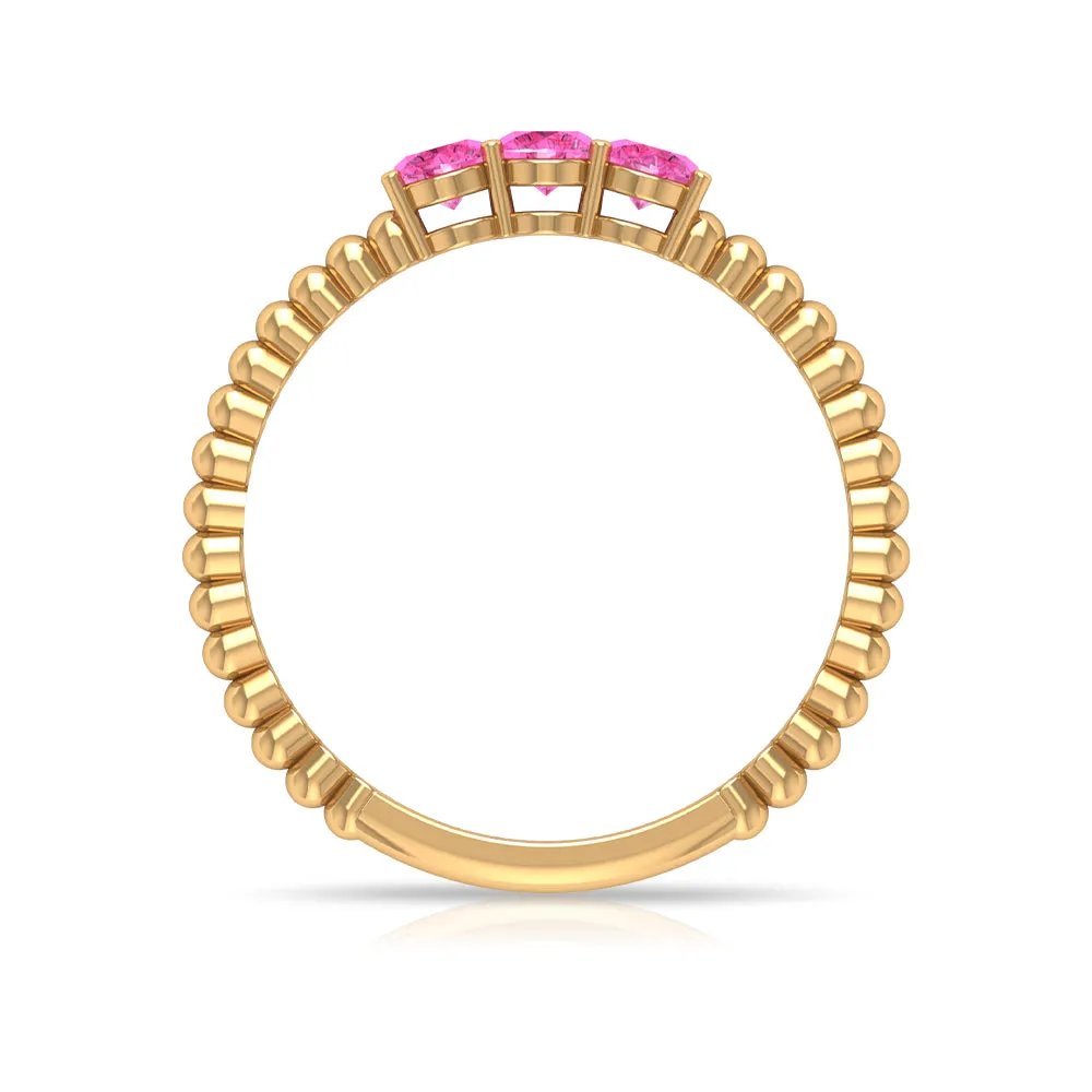 1/2 CT Pink Sapphire and Gold Beaded Three Stone Promise Ring
