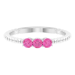 1/2 CT Pink Sapphire and Gold Beaded Three Stone Promise Ring
