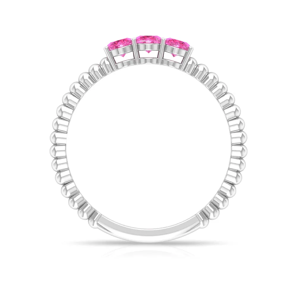 1/2 CT Pink Sapphire and Gold Beaded Three Stone Promise Ring