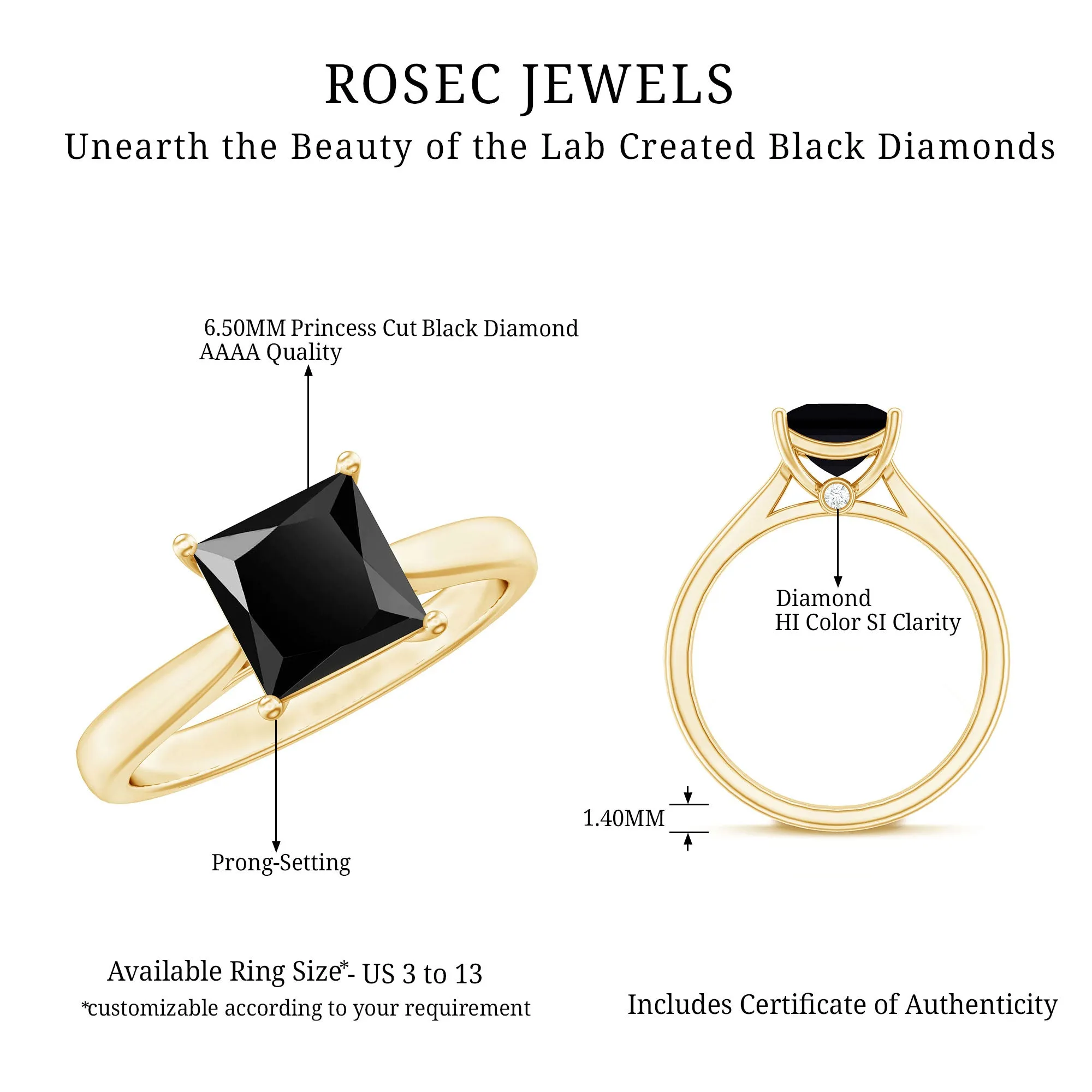 1.25 CT Lab Created Black Diamond Solitaire Ring with Diamond