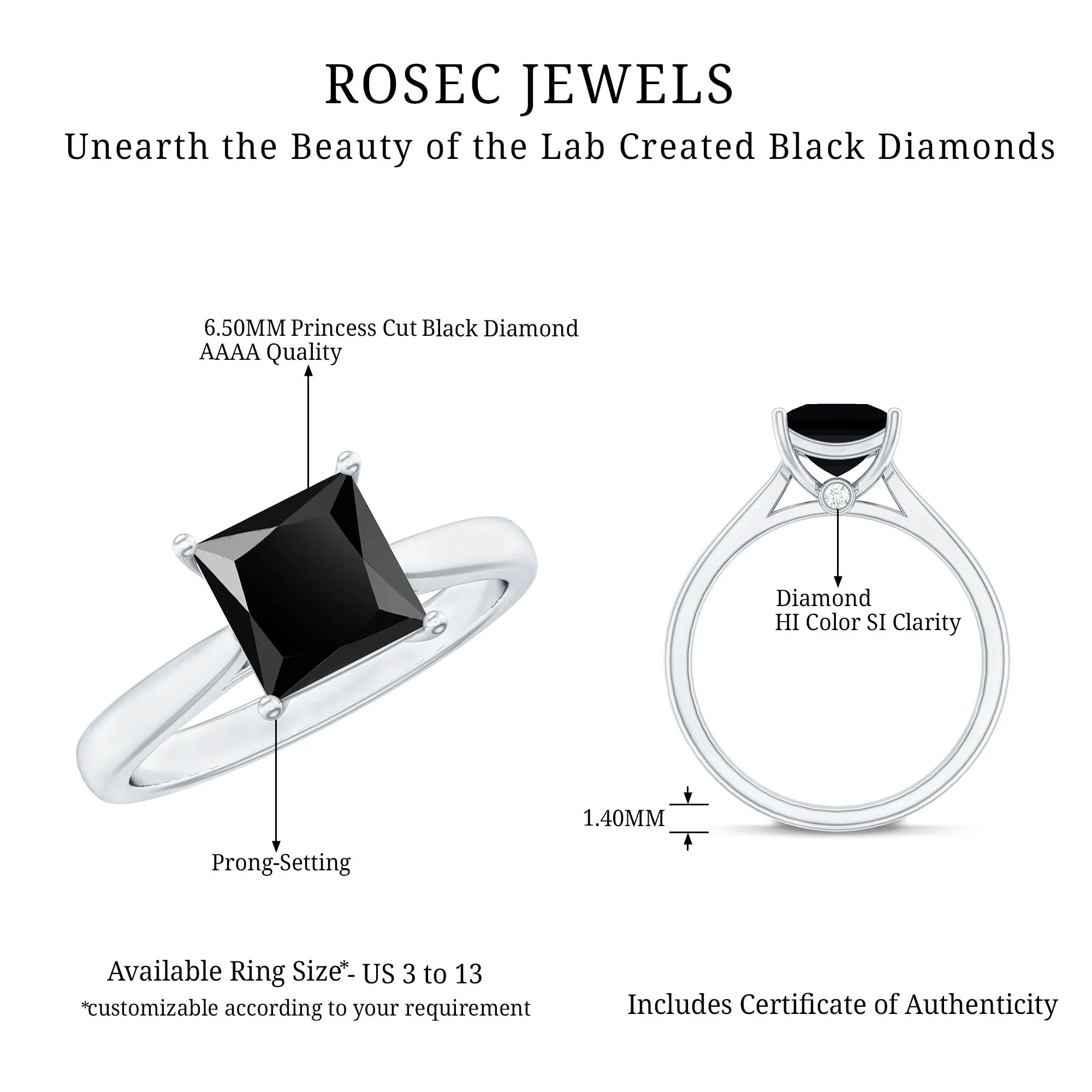 1.25 CT Lab Created Black Diamond Solitaire Ring with Diamond