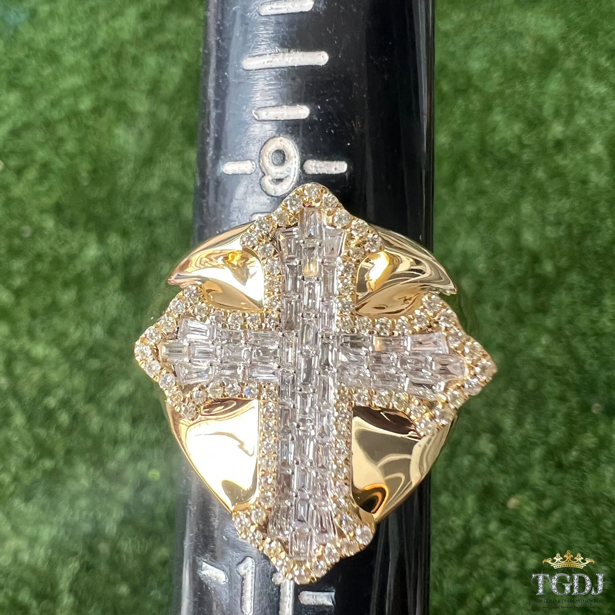 14k Yellow Gold Cross Diamond Ring,  HipHop Ring, Custom Mens Ring, Solid Gold (0.95ct, GH Color, I1-I2 Clarity)