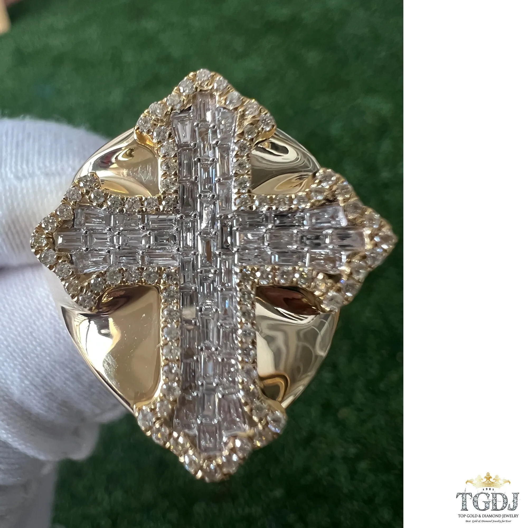 14k Yellow Gold Cross Diamond Ring,  HipHop Ring, Custom Mens Ring, Solid Gold (0.95ct, GH Color, I1-I2 Clarity)