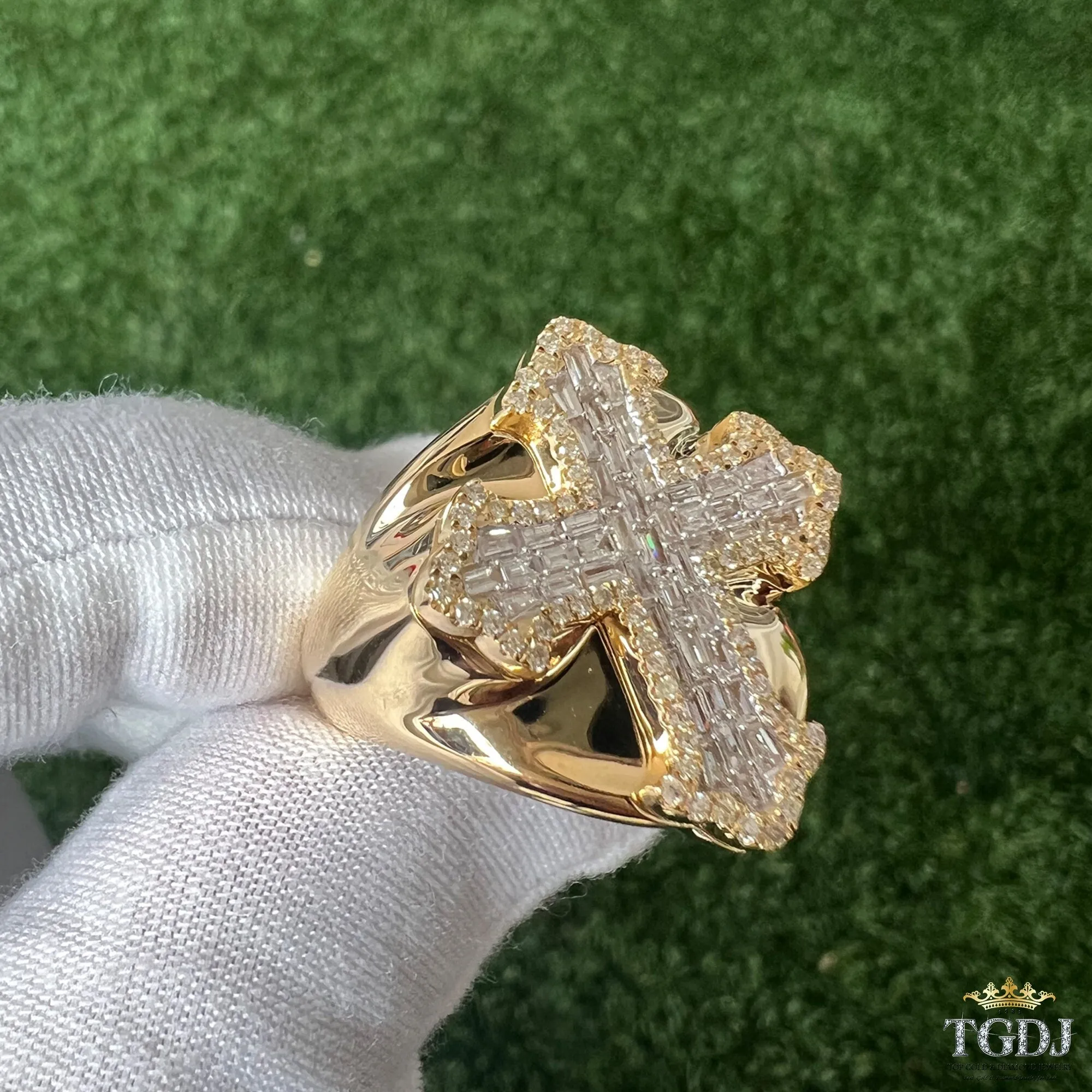 14k Yellow Gold Cross Diamond Ring,  HipHop Ring, Custom Mens Ring, Solid Gold (0.95ct, GH Color, I1-I2 Clarity)
