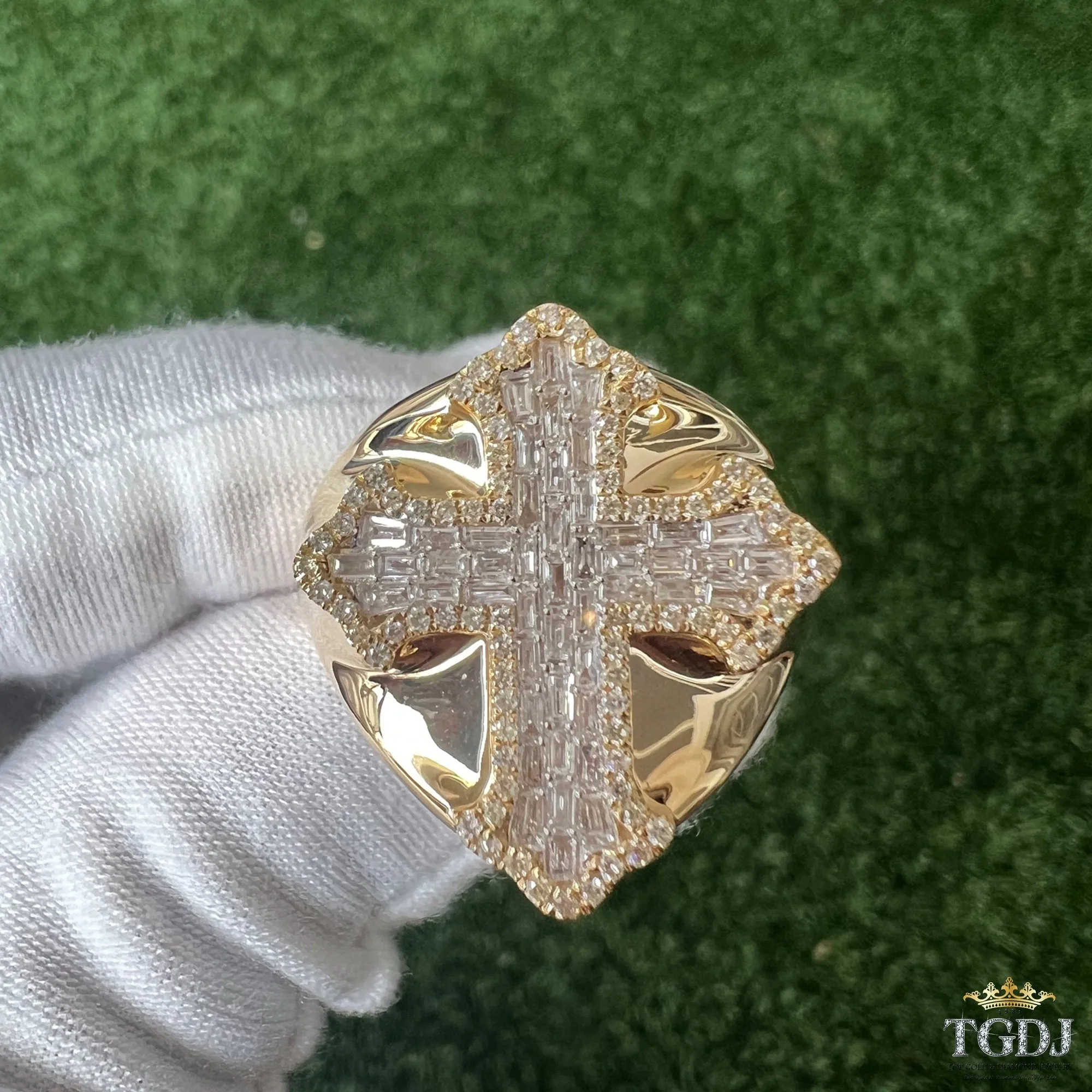 14k Yellow Gold Cross Diamond Ring,  HipHop Ring, Custom Mens Ring, Solid Gold (0.95ct, GH Color, I1-I2 Clarity)