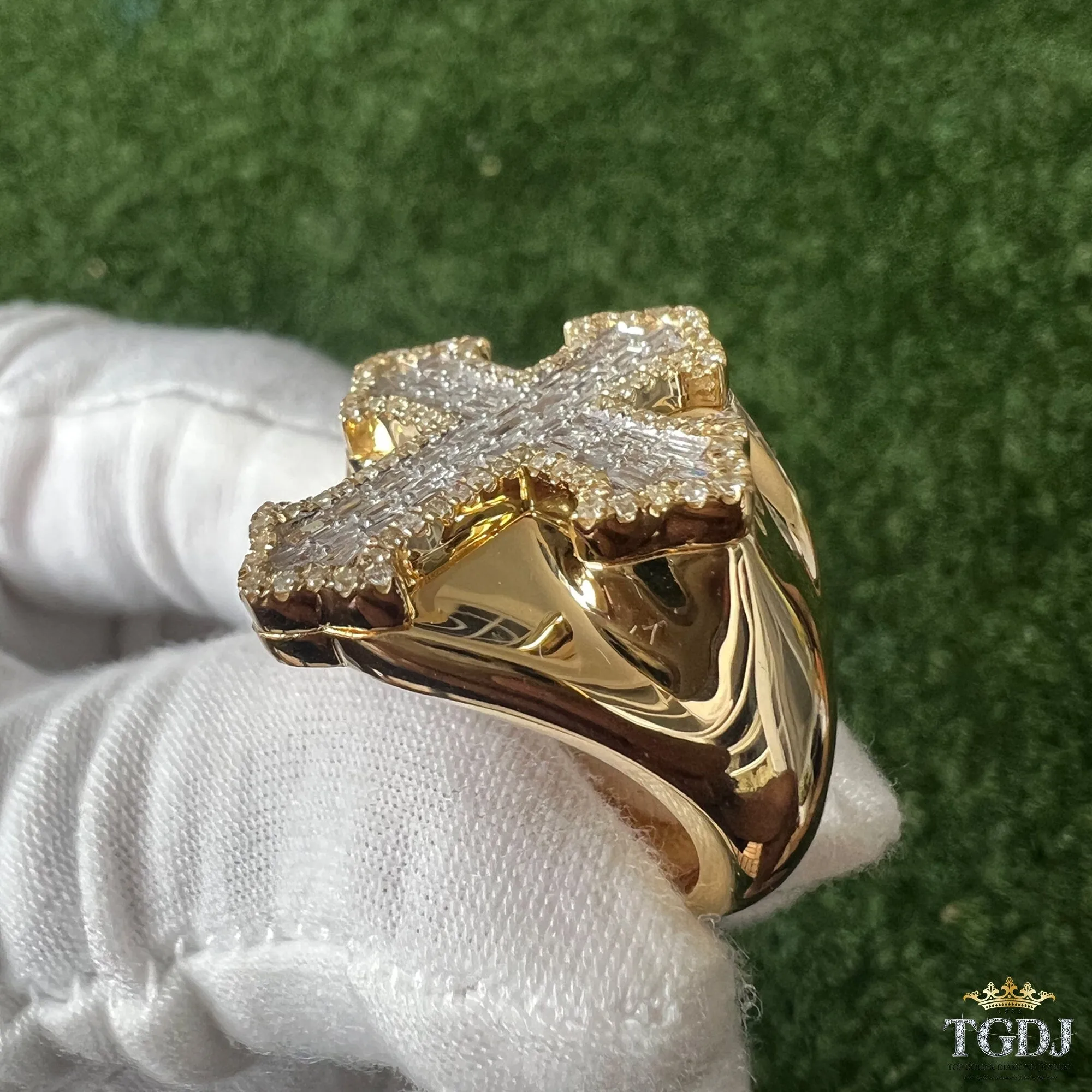 14k Yellow Gold Cross Diamond Ring,  HipHop Ring, Custom Mens Ring, Solid Gold (0.95ct, GH Color, I1-I2 Clarity)