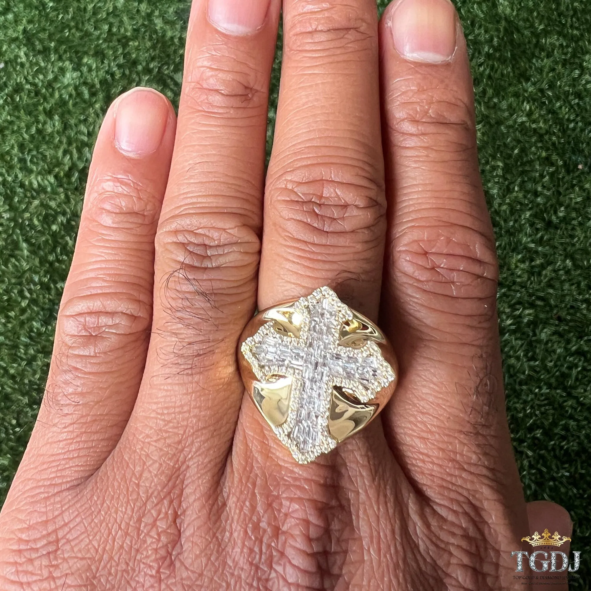 14k Yellow Gold Cross Diamond Ring,  HipHop Ring, Custom Mens Ring, Solid Gold (0.95ct, GH Color, I1-I2 Clarity)