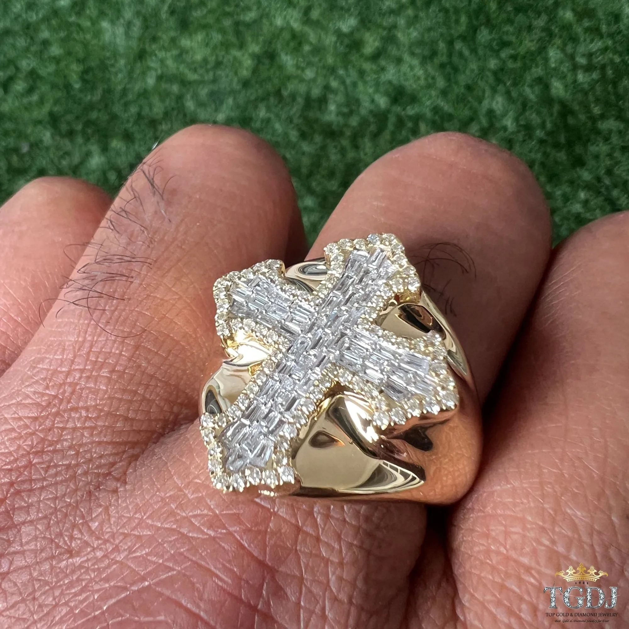 14k Yellow Gold Cross Diamond Ring,  HipHop Ring, Custom Mens Ring, Solid Gold (0.95ct, GH Color, I1-I2 Clarity)