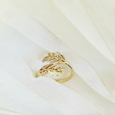 14K yellow Gold leaves branches ring handmade women's engagement ring