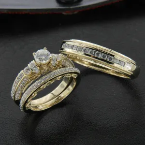 14k Yellow Gold Over Diamond Wedding His & Her Trio Set Bridal Engagement Ring