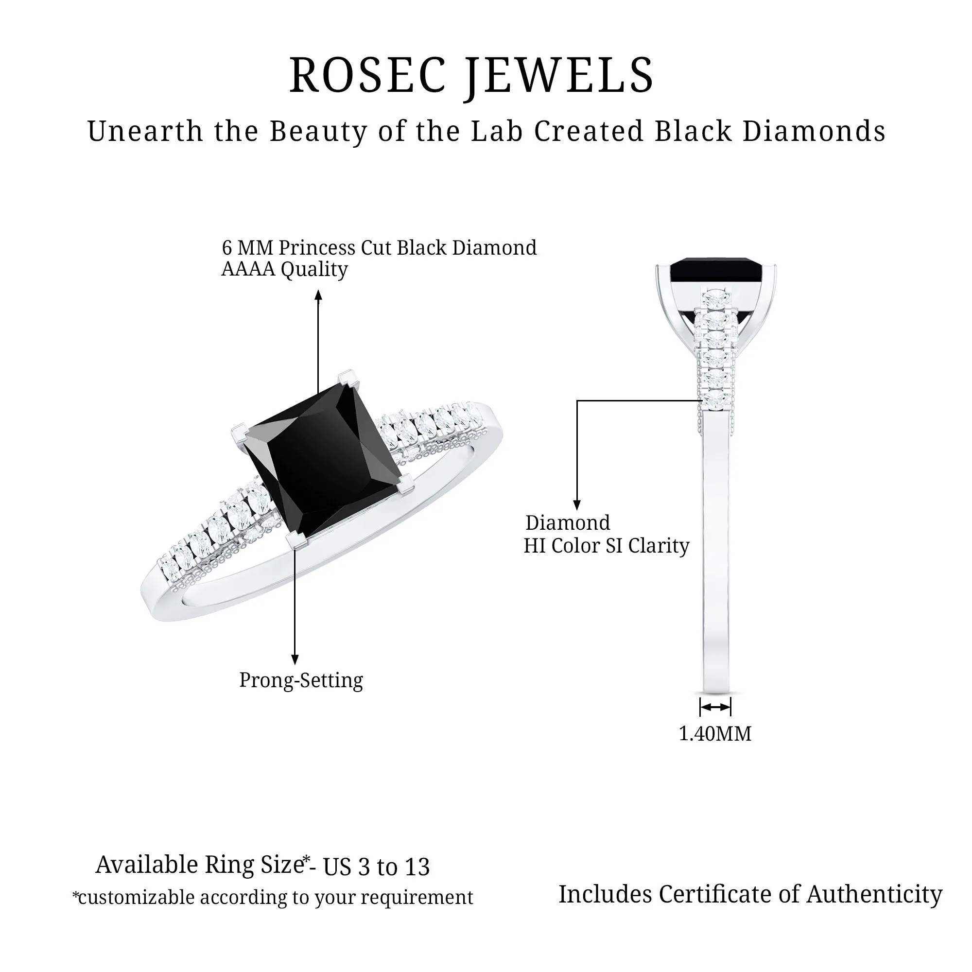 1.5 CT Solitaire Created Black Diamond Minimal Solitaire Ring with Diamond