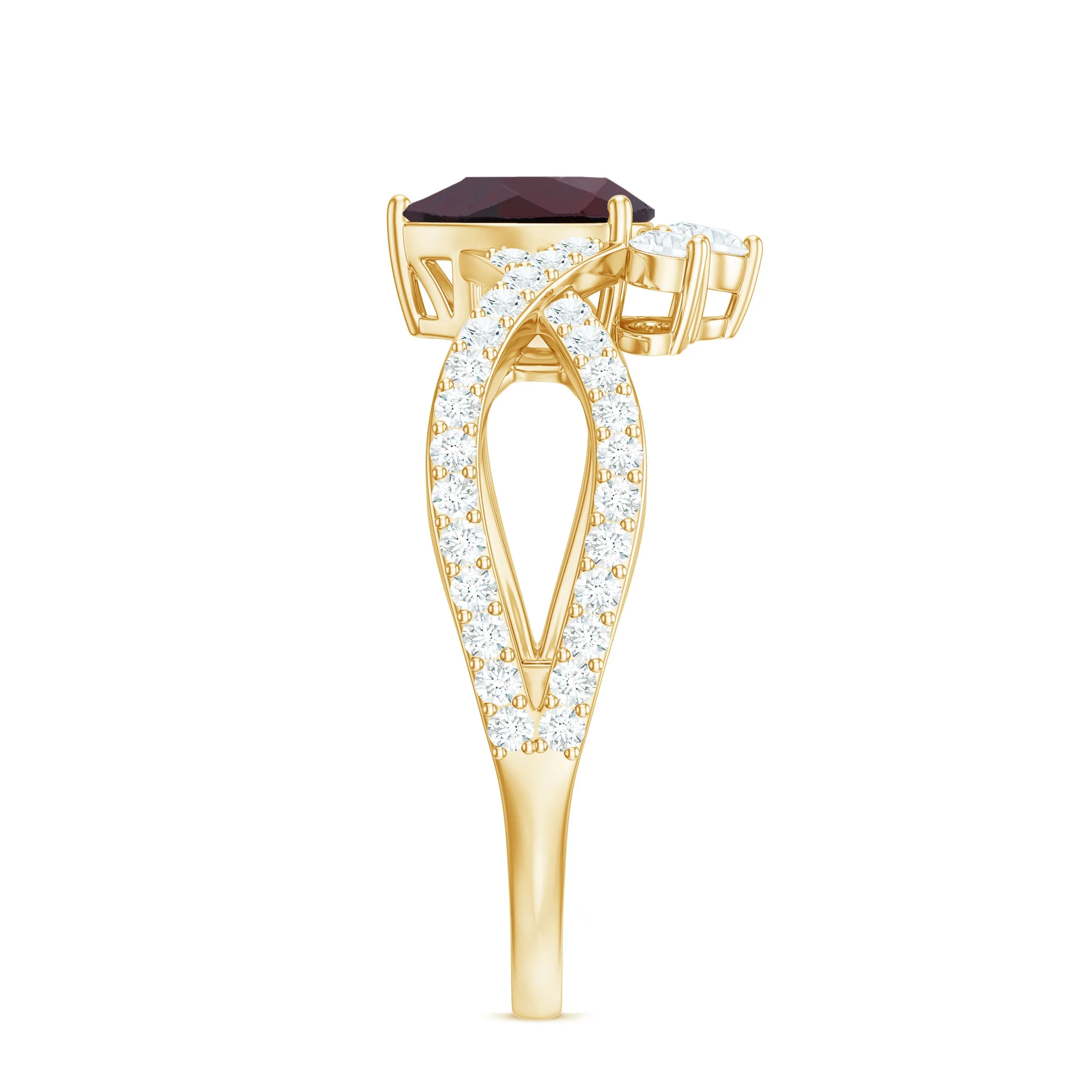 1.75 CT Pear Cut Rhodolite Designer Solitaire Engagement Ring with Crossover Diamond