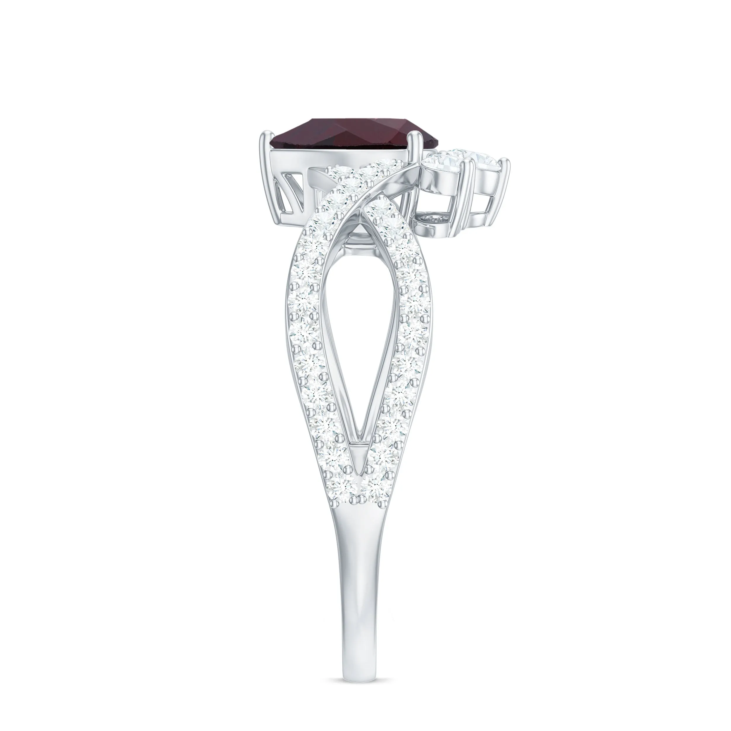 1.75 CT Pear Cut Rhodolite Designer Solitaire Engagement Ring with Crossover Diamond