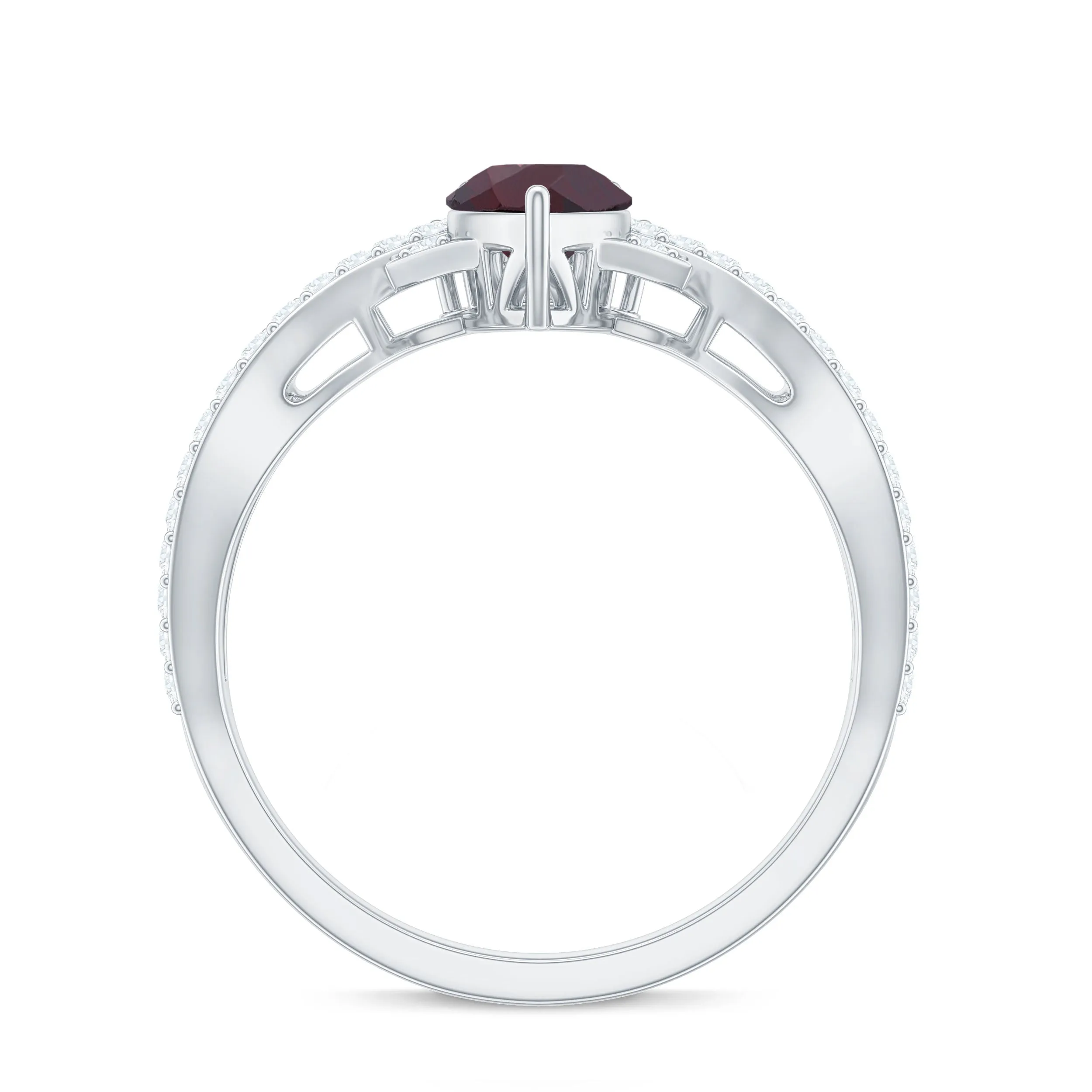 1.75 CT Pear Cut Rhodolite Designer Solitaire Engagement Ring with Crossover Diamond