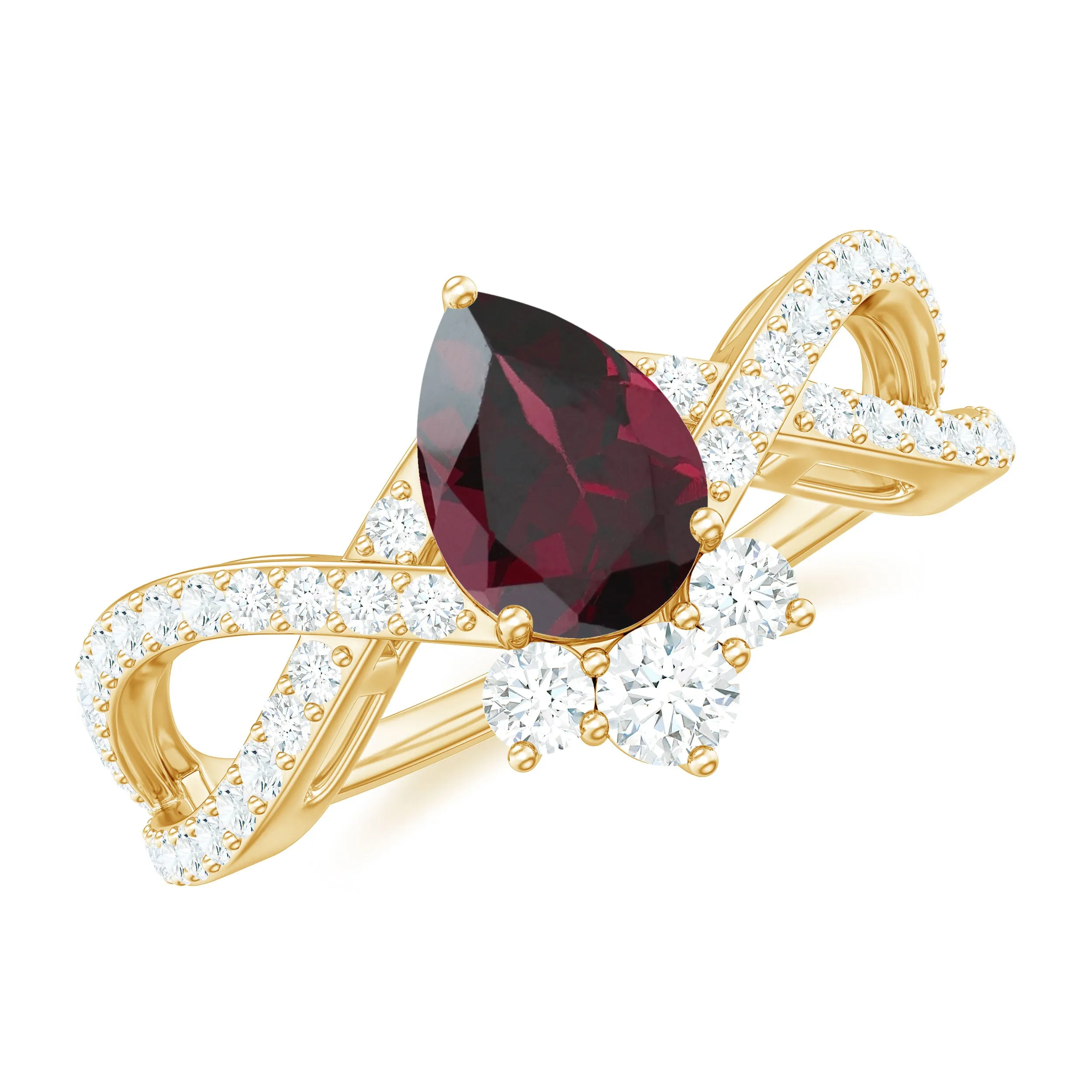 1.75 CT Pear Cut Rhodolite Designer Solitaire Engagement Ring with Crossover Diamond