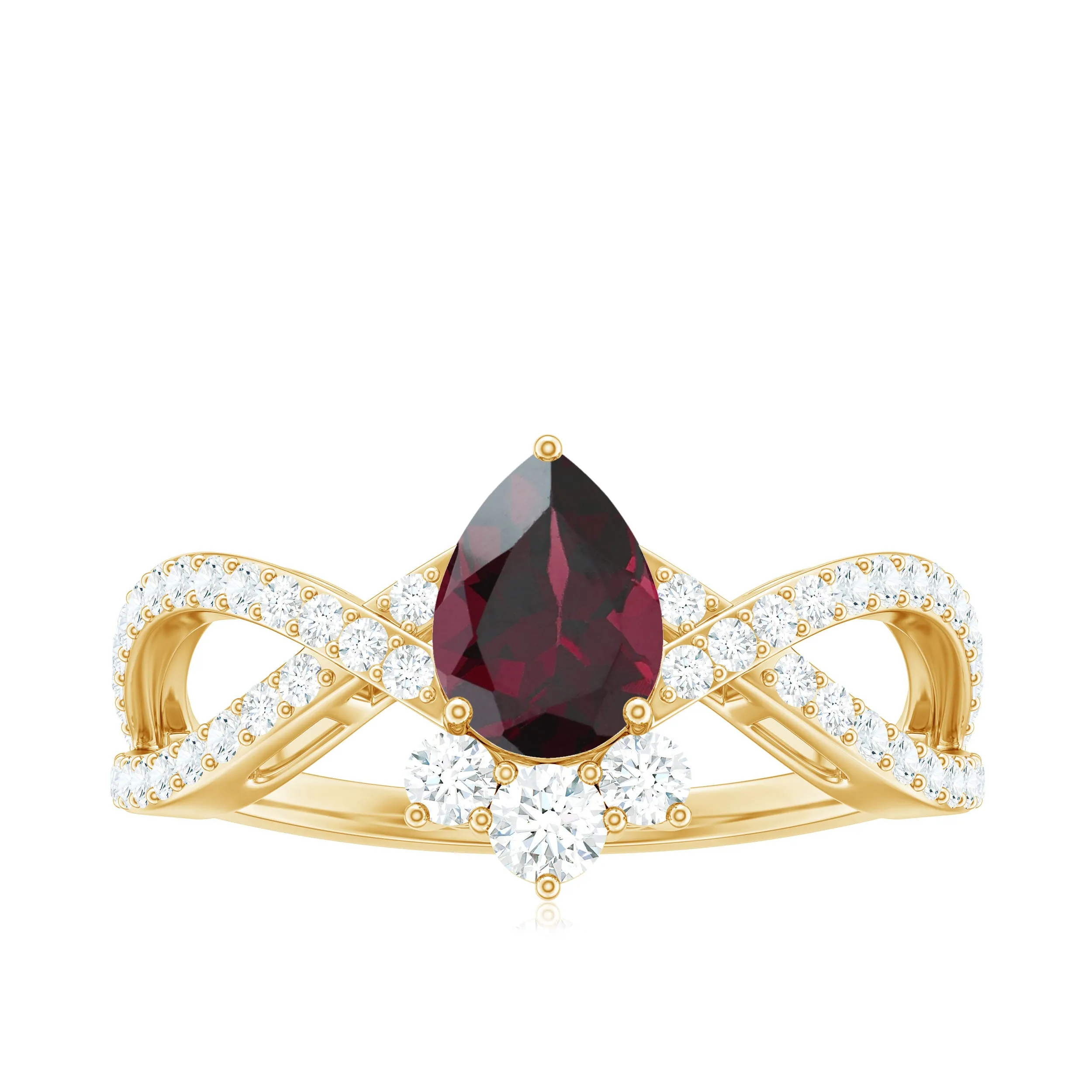 1.75 CT Pear Cut Rhodolite Designer Solitaire Engagement Ring with Crossover Diamond