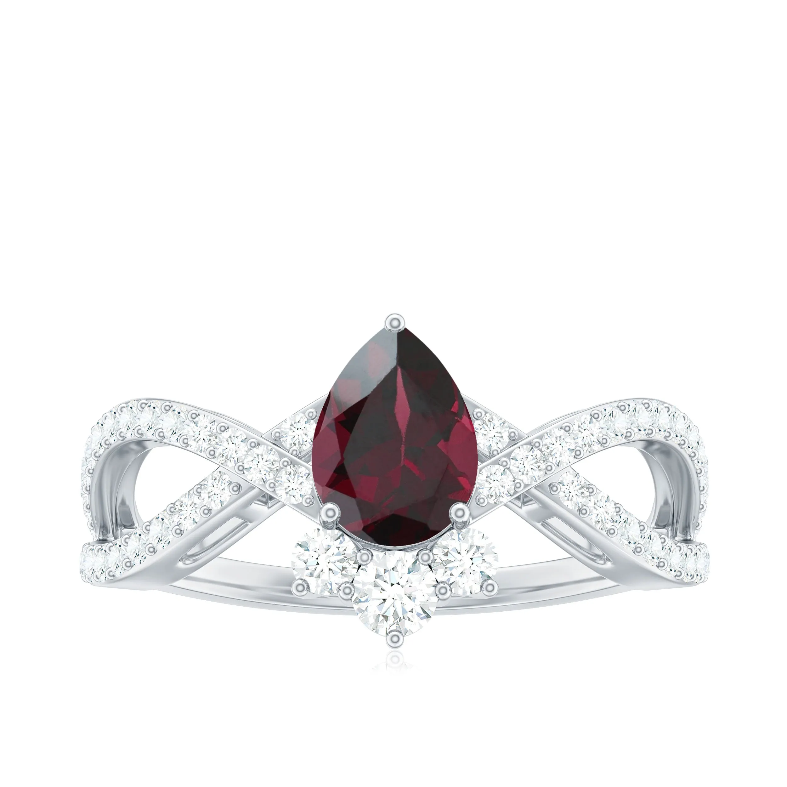 1.75 CT Pear Cut Rhodolite Designer Solitaire Engagement Ring with Crossover Diamond