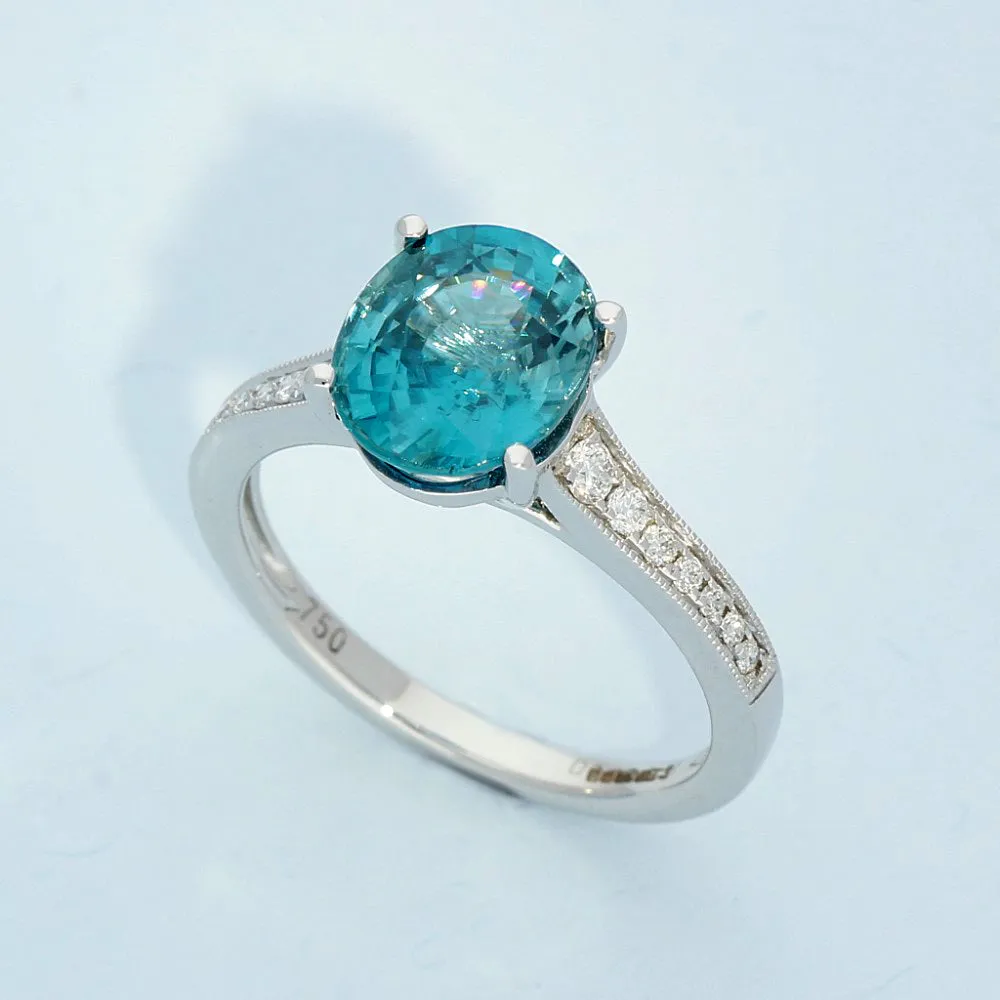 18ct White Gold Blue Zircon and Diamond Ring