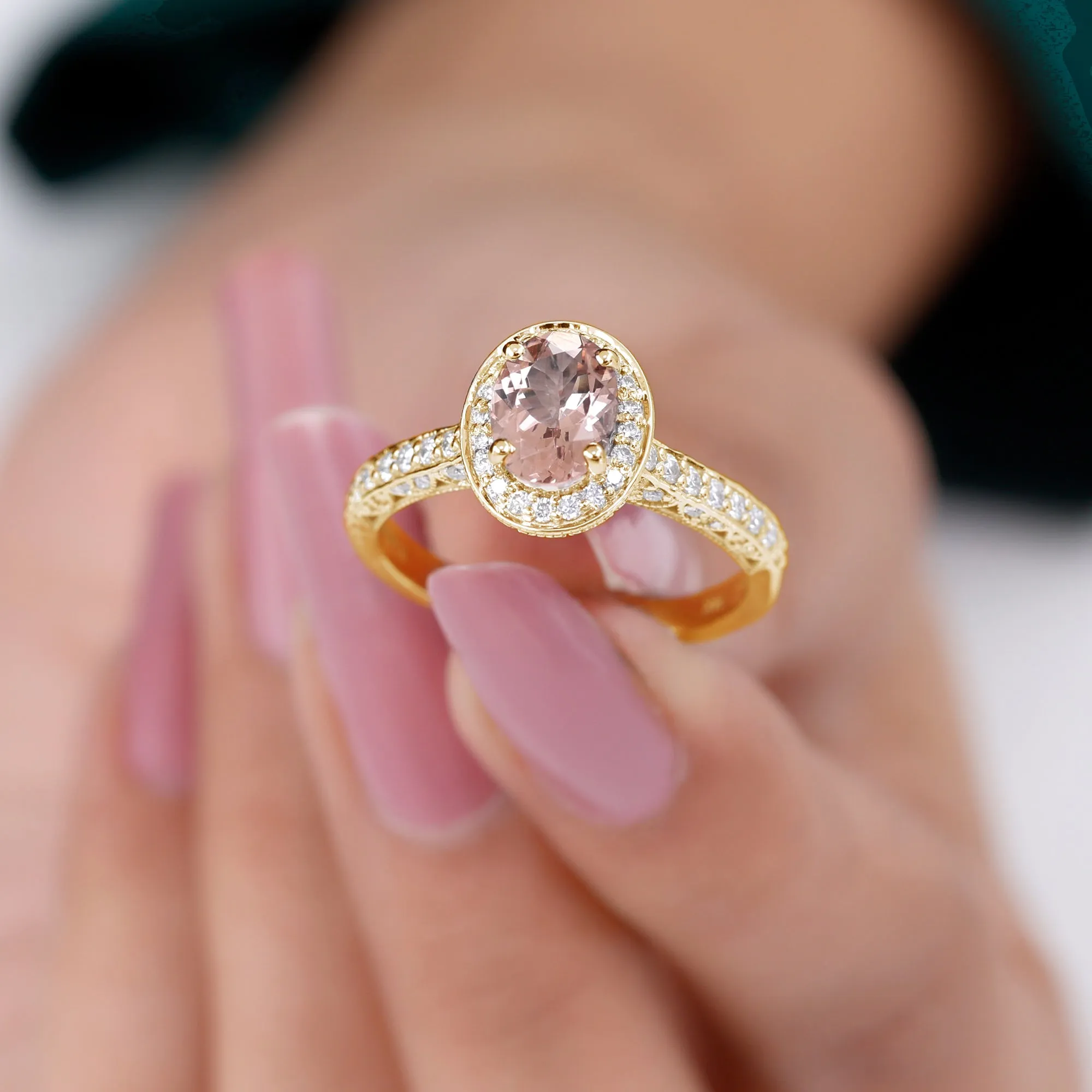 2 CT Morganite Engagement Milgrain Ring with Diamond Accent