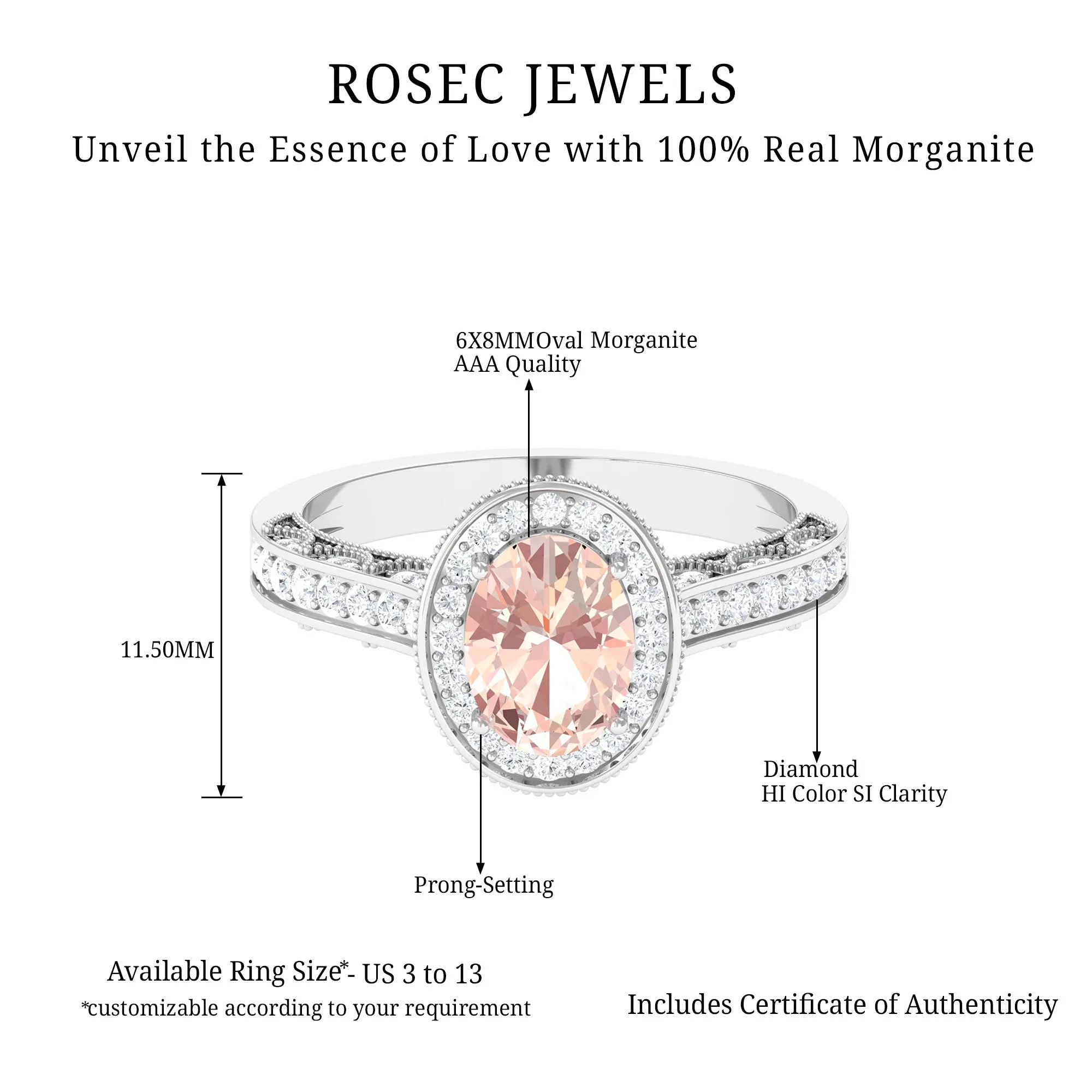 2 CT Morganite Engagement Milgrain Ring with Diamond Accent