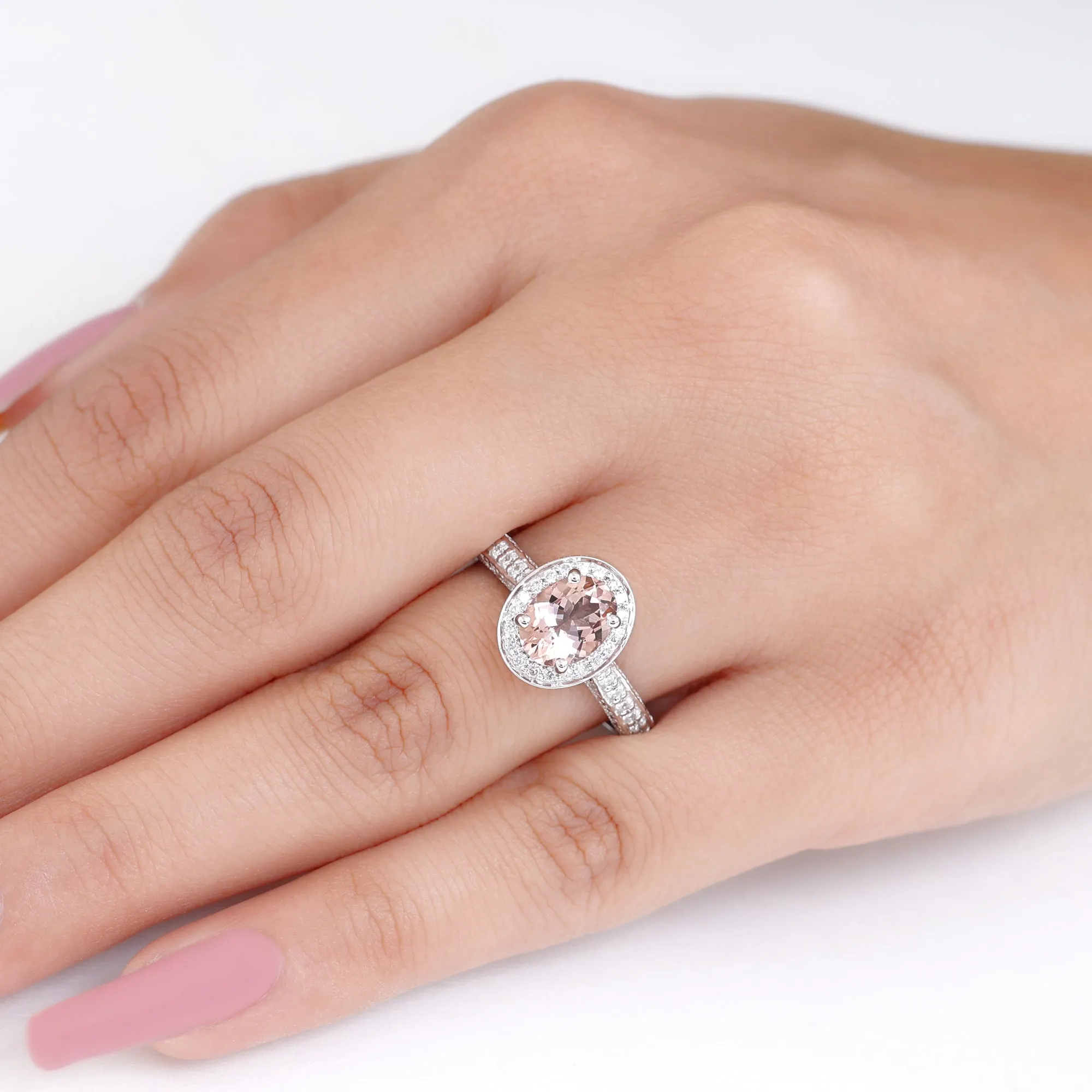 2 CT Morganite Engagement Milgrain Ring with Diamond Accent