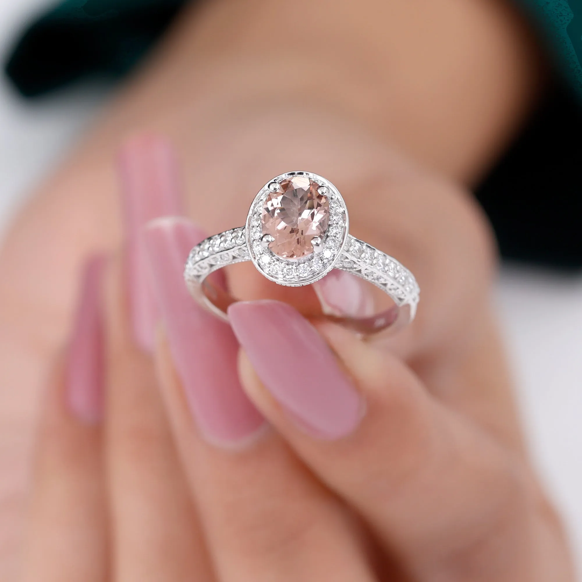 2 CT Morganite Engagement Milgrain Ring with Diamond Accent