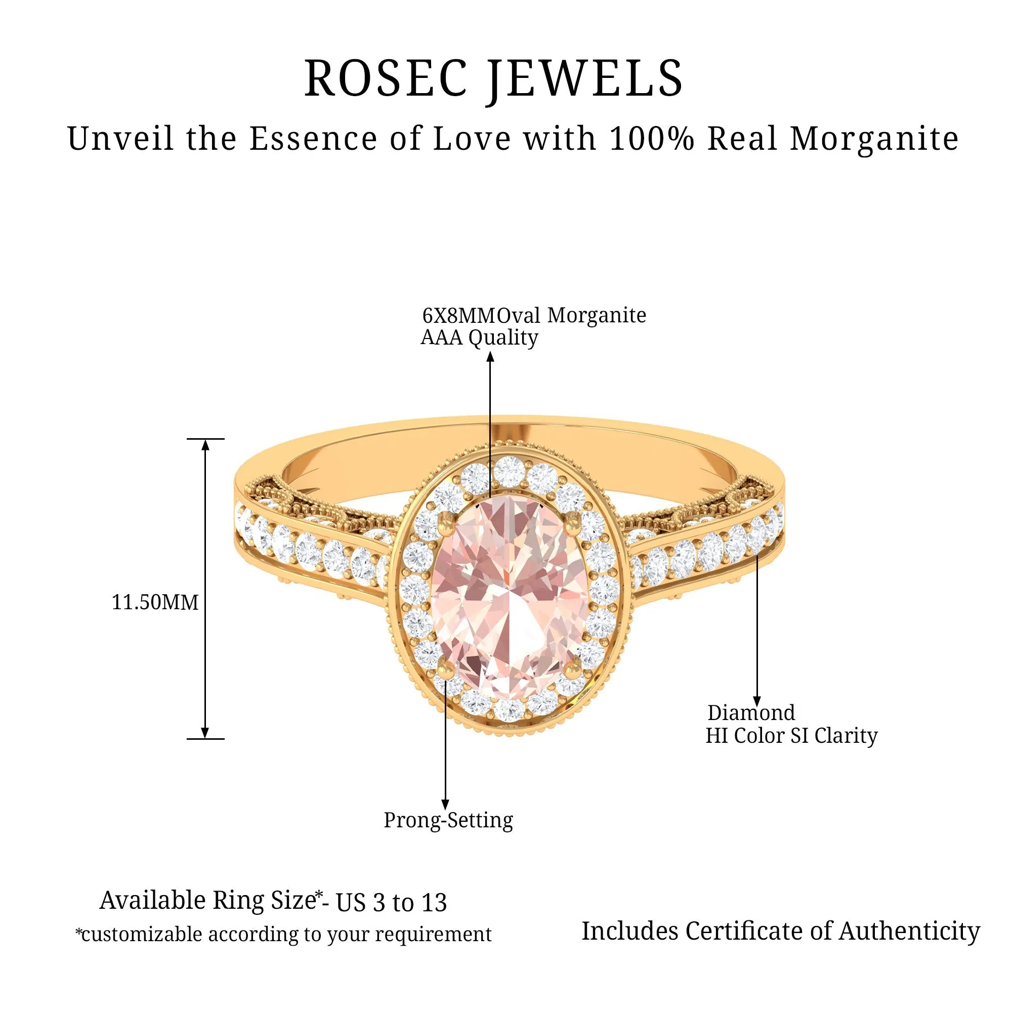 2 CT Morganite Engagement Milgrain Ring with Diamond Accent