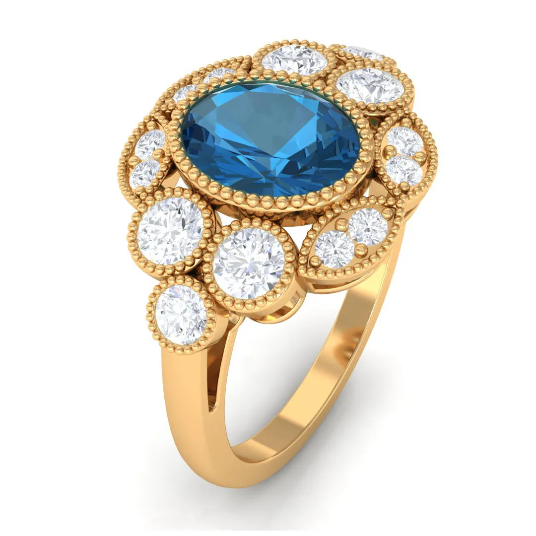2 CT Oval London Blue Topaz Statement Ring with Diamond Halo