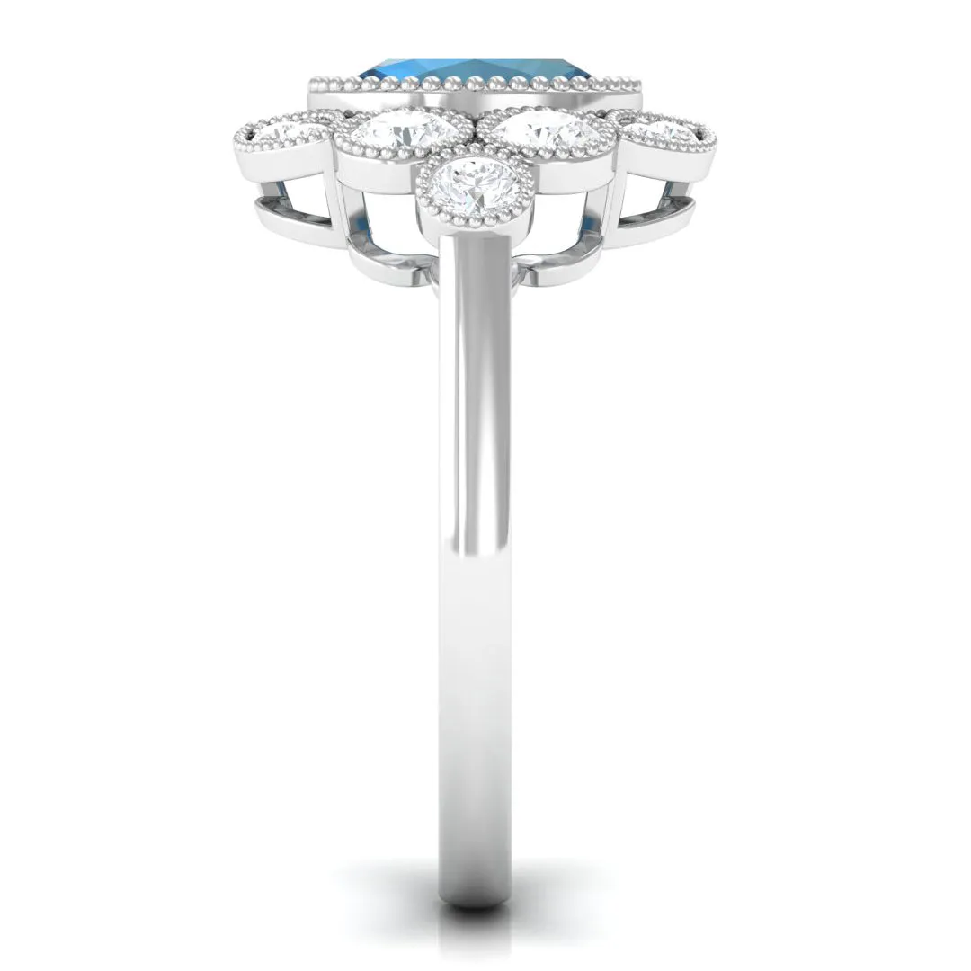 2 CT Oval London Blue Topaz Statement Ring with Diamond Halo