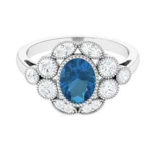 2 CT Oval London Blue Topaz Statement Ring with Diamond Halo