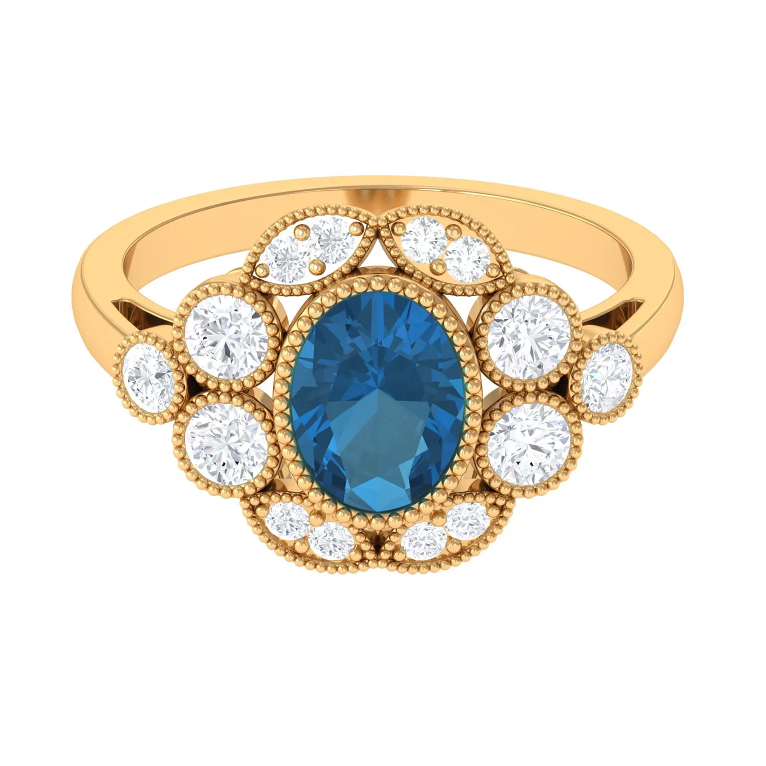 2 CT Oval London Blue Topaz Statement Ring with Diamond Halo